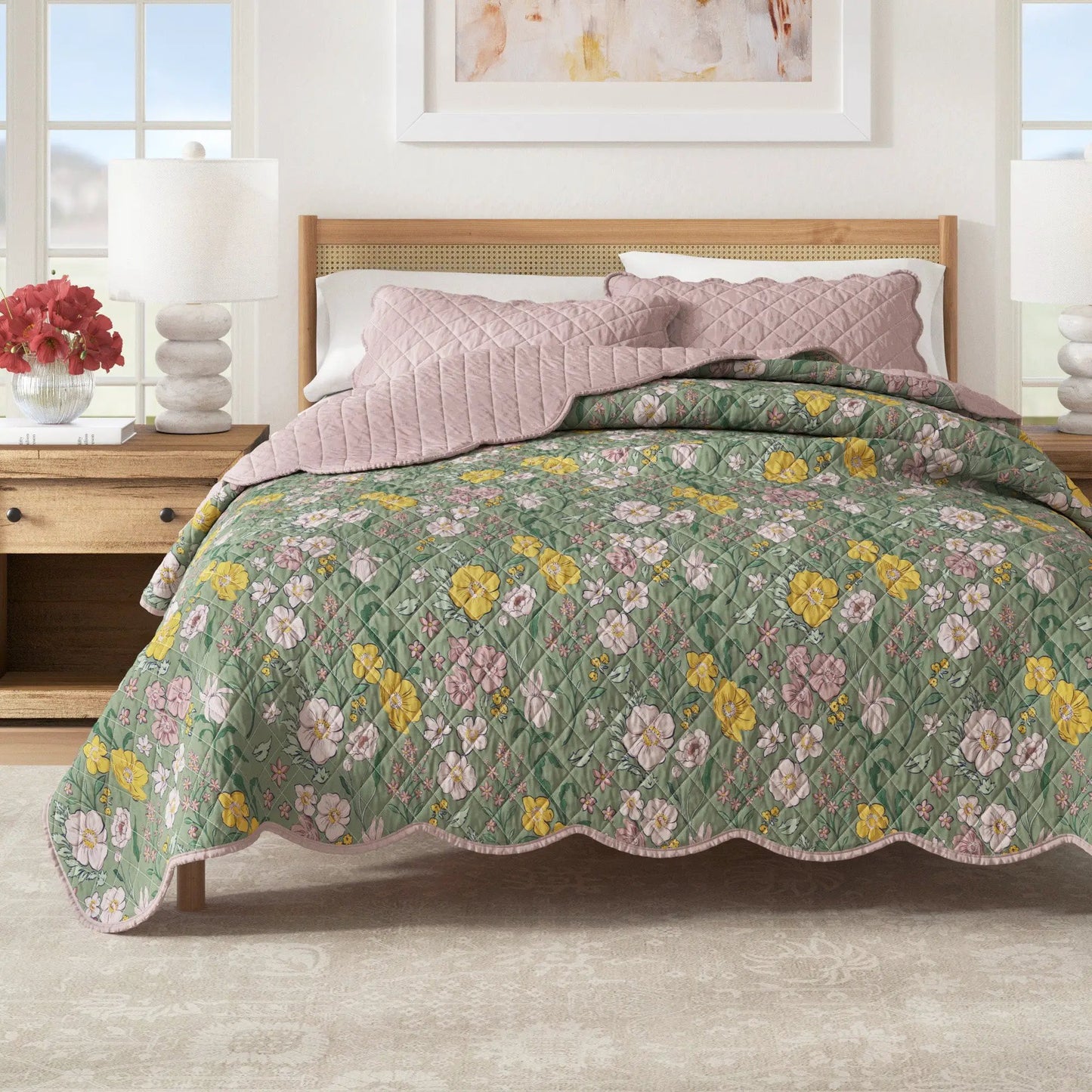 Floral Print & Scalloped Cotton Quilt Set - Gwen Collection from PriceLows™