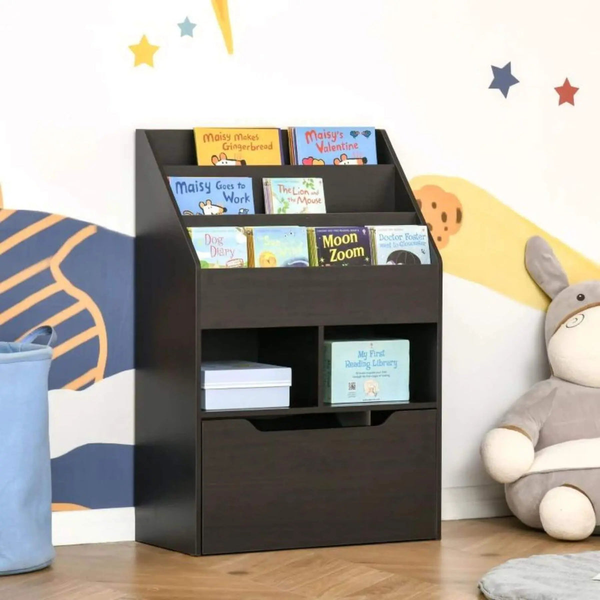 Kids Bookcase | Three Open Shelves | Rolling Drawer | Gray