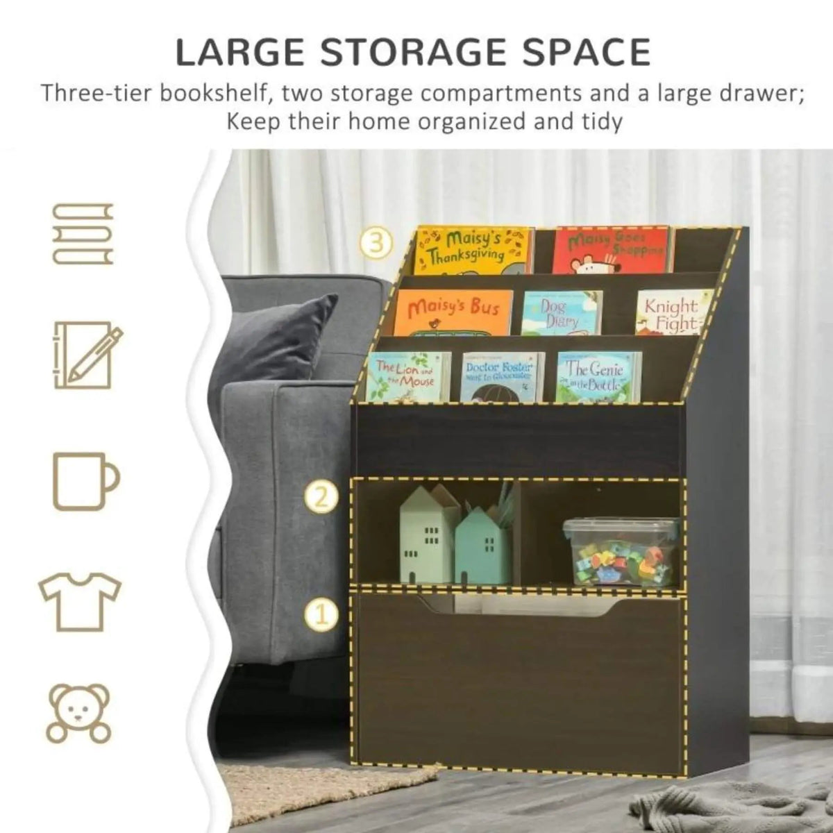 Kids Bookcase | Three Open Shelves | Rolling Drawer | Gray