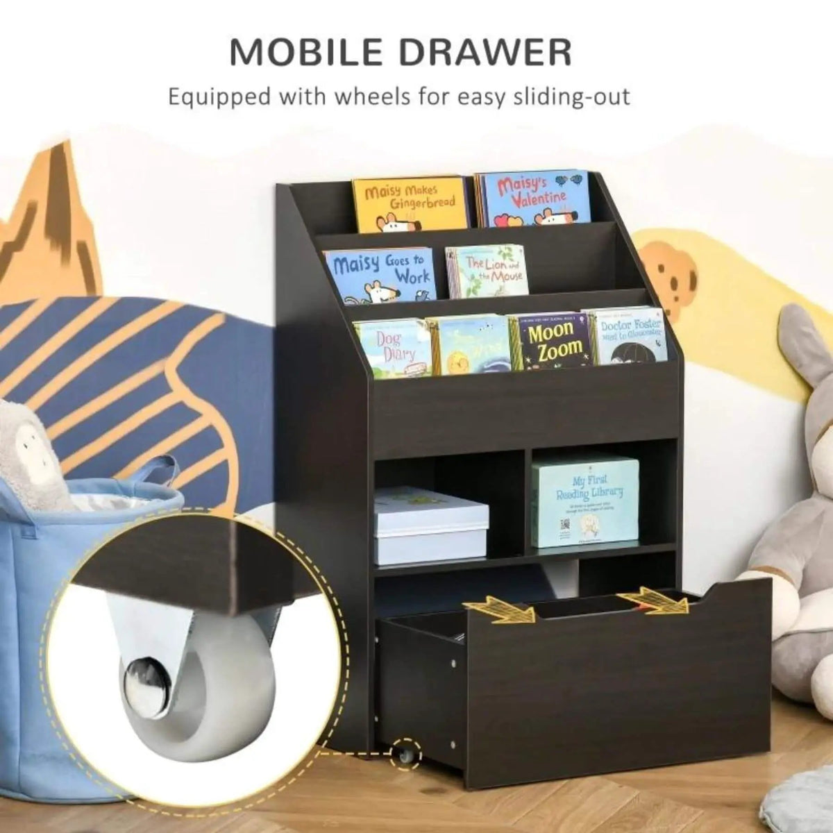 Kids Bookcase | Three Open Shelves | Rolling Drawer | Gray