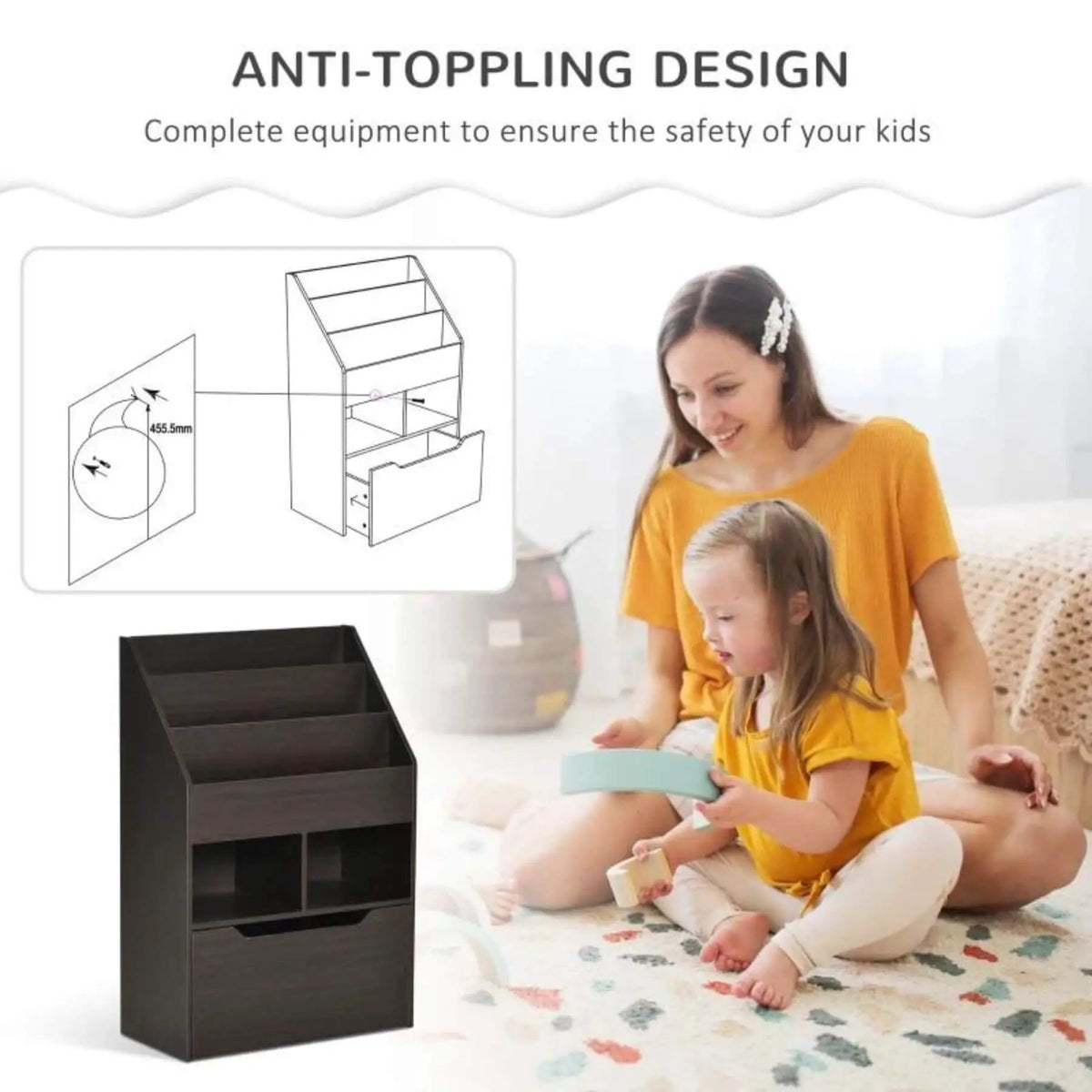 Kids Bookcase | Three Open Shelves | Rolling Drawer | Gray