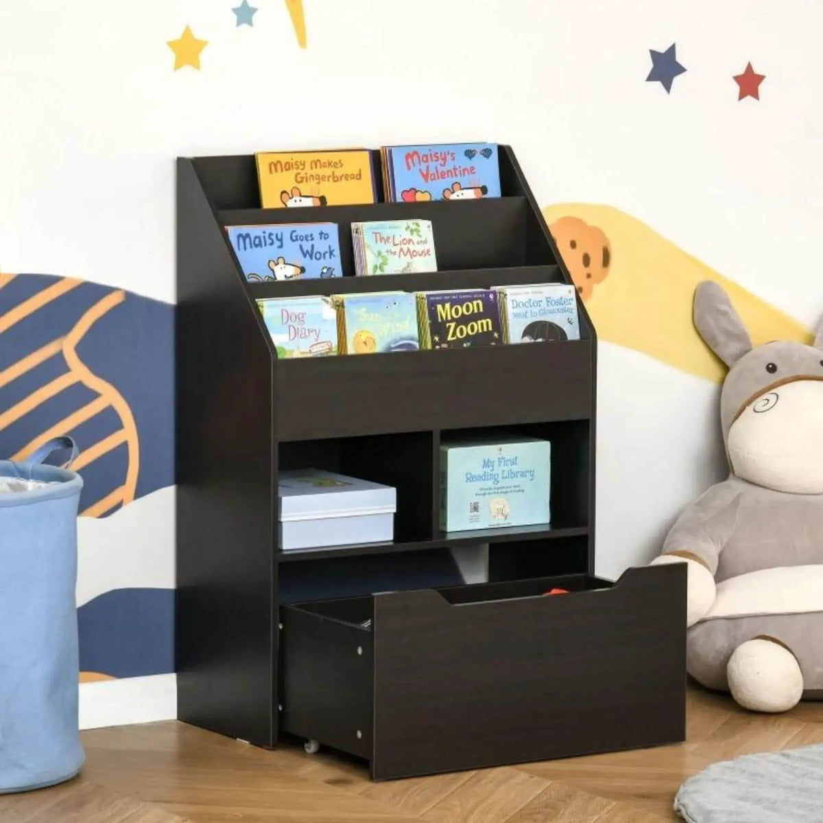 Kids Bookcase | Three Open Shelves | Rolling Drawer | Gray