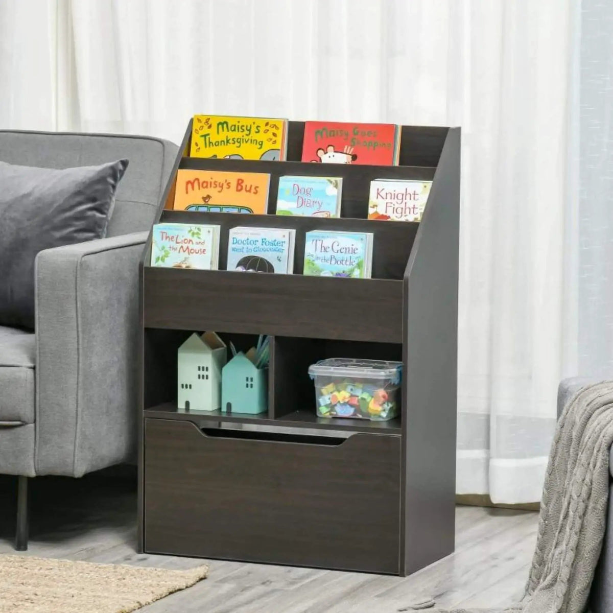 Kids Bookcase | Three Open Shelves | Rolling Drawer | Gray