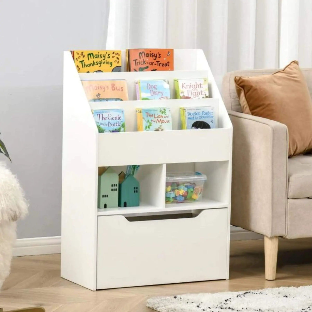 Kids Bookcase | Multi Shelf | Rolling Storage Drawer | White