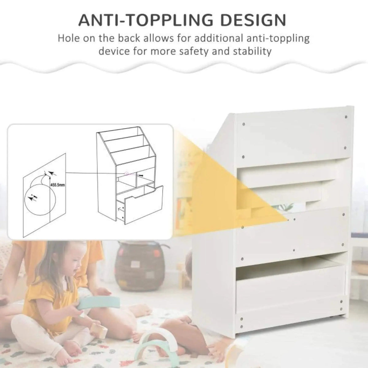 Kids Bookcase | Multi Shelf | Rolling Storage Drawer | White