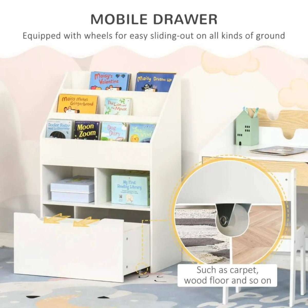 Kids Bookcase | Multi Shelf | Rolling Storage Drawer | White