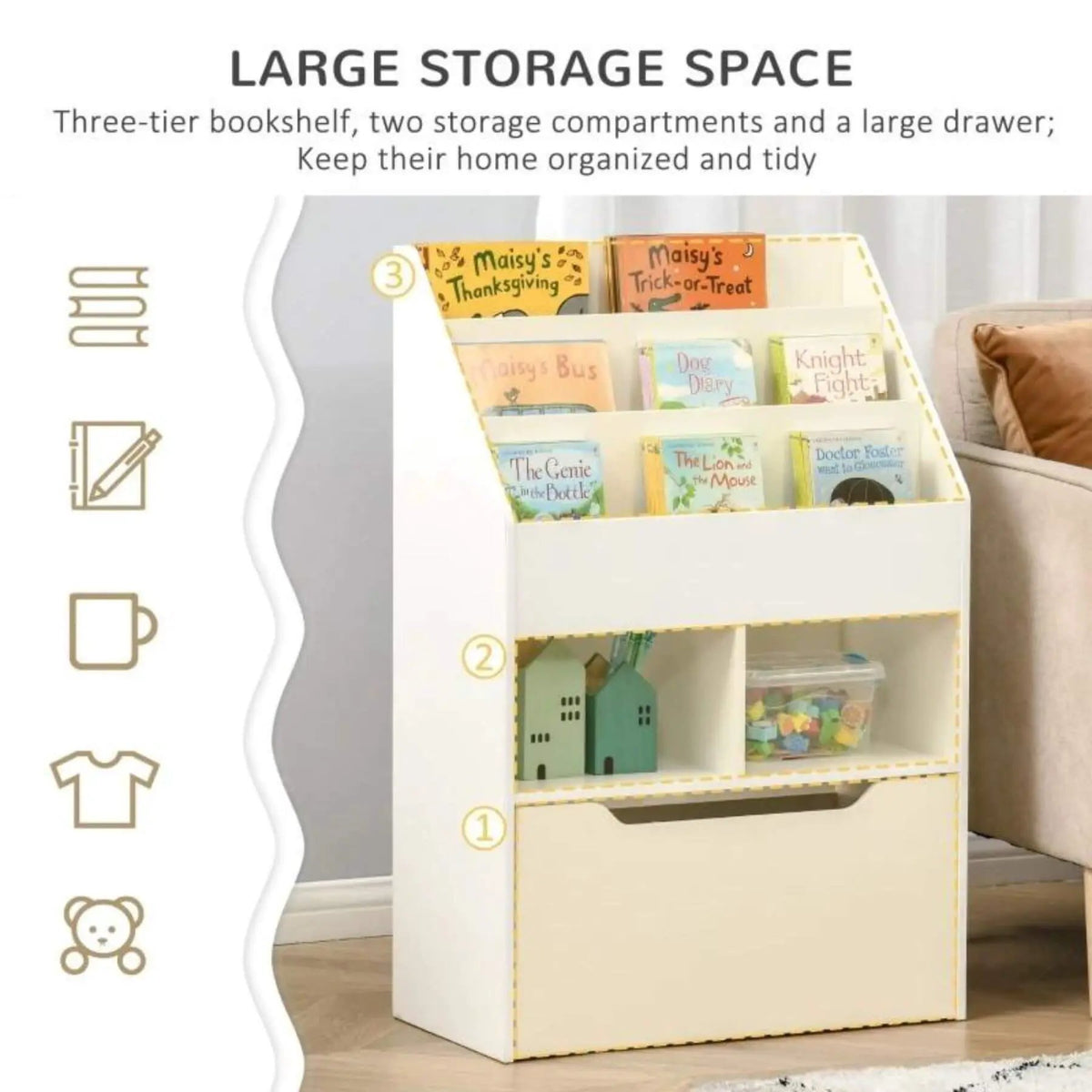 Kids Bookcase | Multi Shelf | Rolling Storage Drawer | White