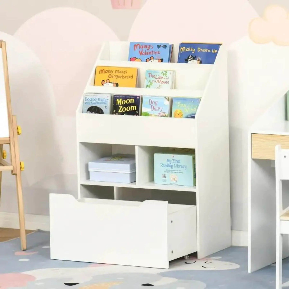 Kids Bookcase | Multi Shelf | Rolling Storage Drawer | White