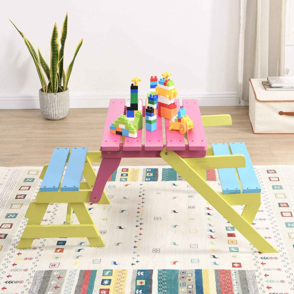 Kids Table And Chairs Set | Solid Wood Frame | Active Play Zone | Blue And Pink
