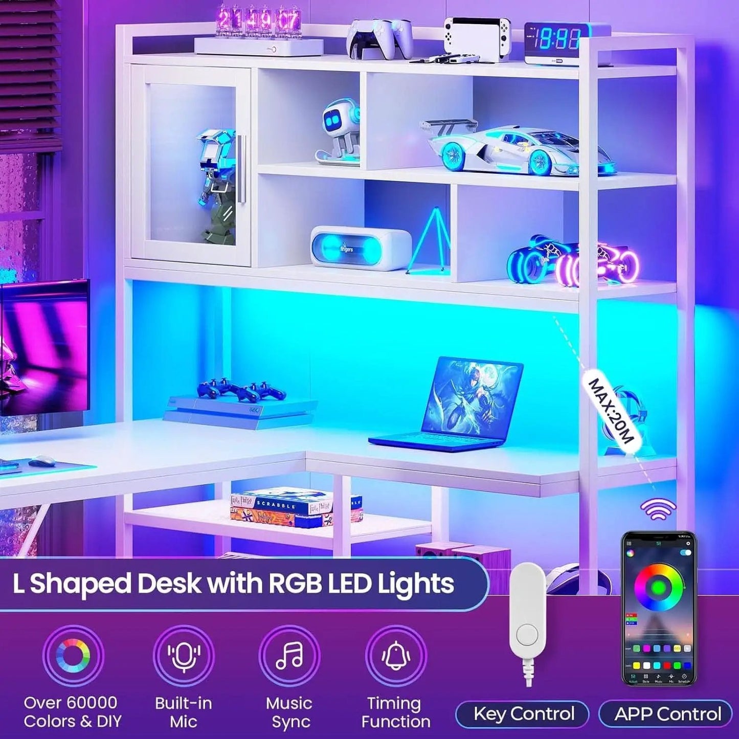 58 Inch L Shaped Desk With LED Light For Home Office from PriceLows™