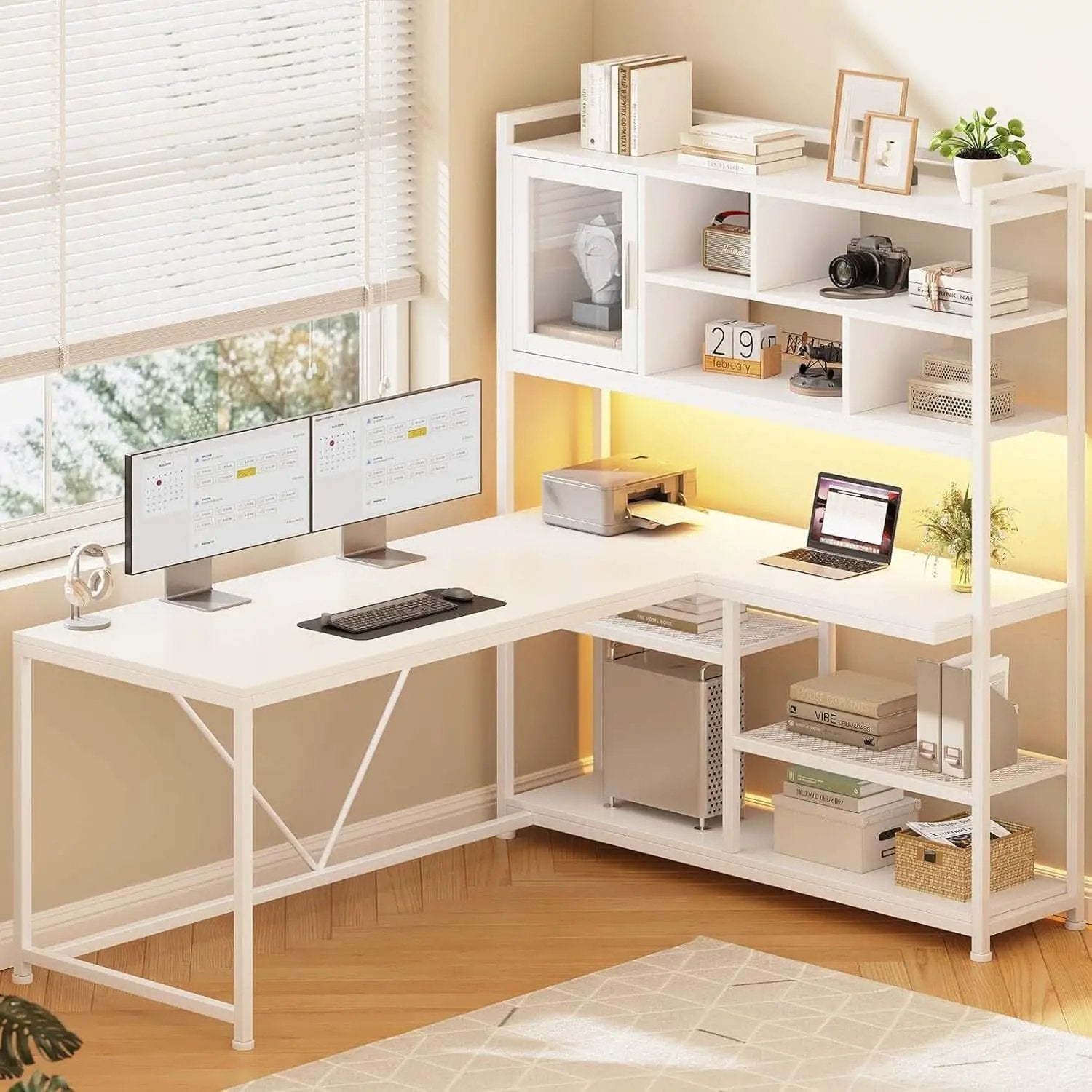 58 Inch L Shaped Desk With LED Light For Home Office from PriceLows™