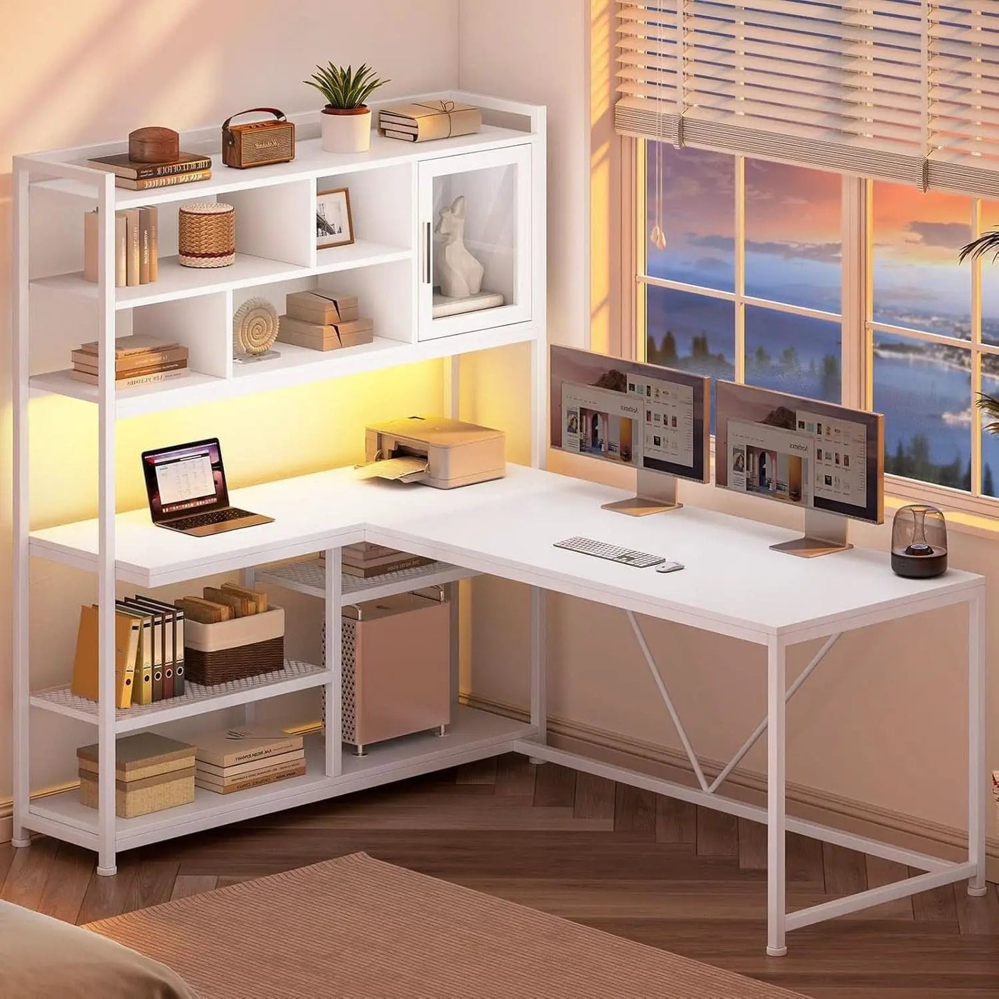 58 Inch L Shaped Desk With LED Light For Home Office from PriceLows™