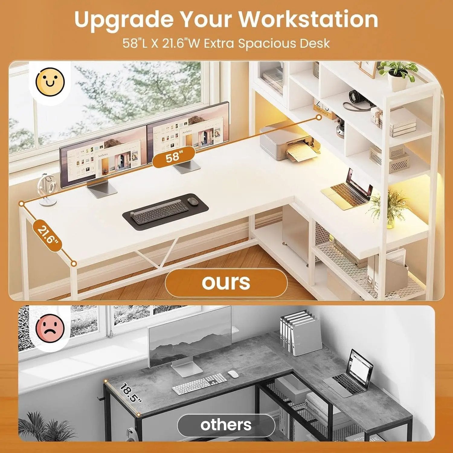 58 Inch L Shaped Desk With LED Light For Home Office from PriceLows™