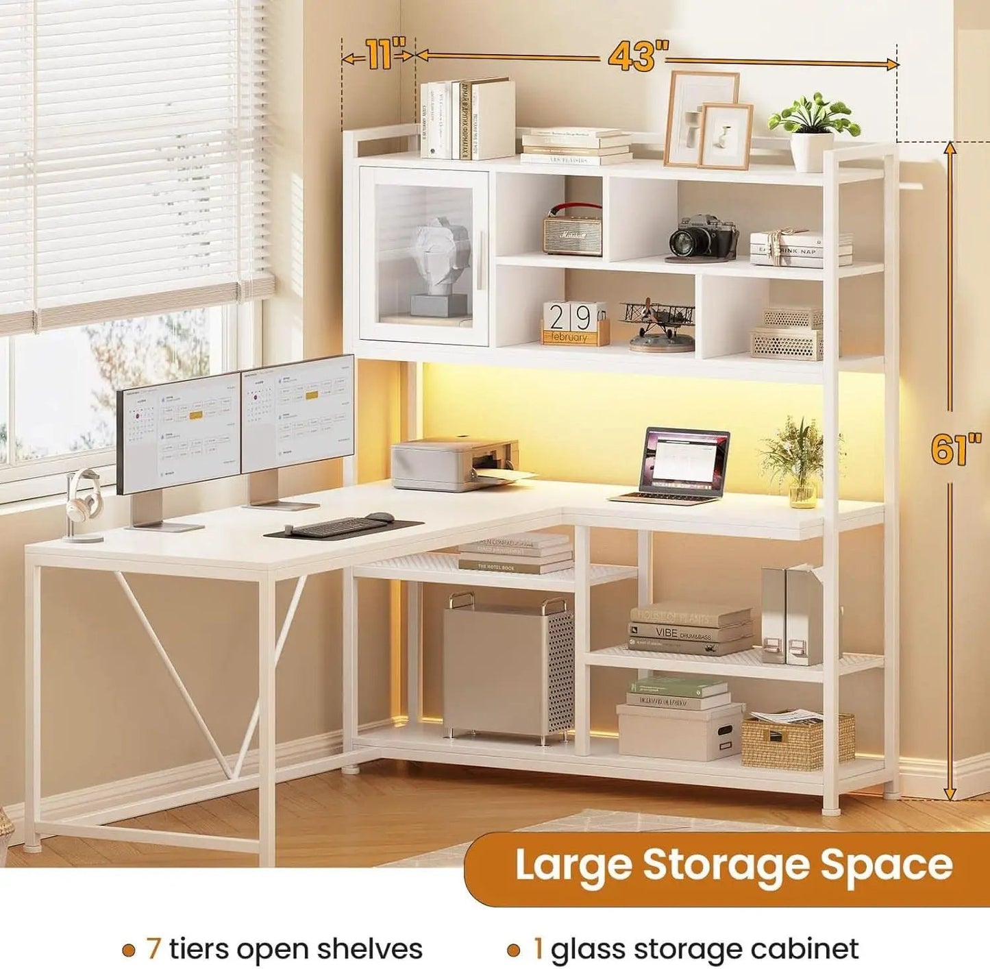 58 Inch L Shaped Desk With LED Light For Home Office from PriceLows™