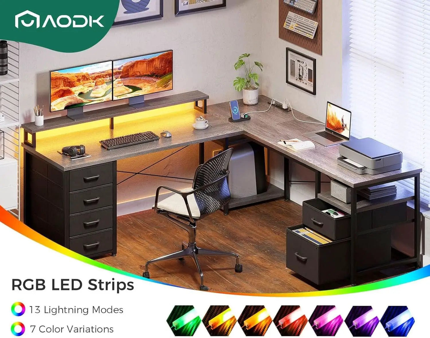 L Shaped Computer Desk with File Cabinet and LED Light from PriceLows™