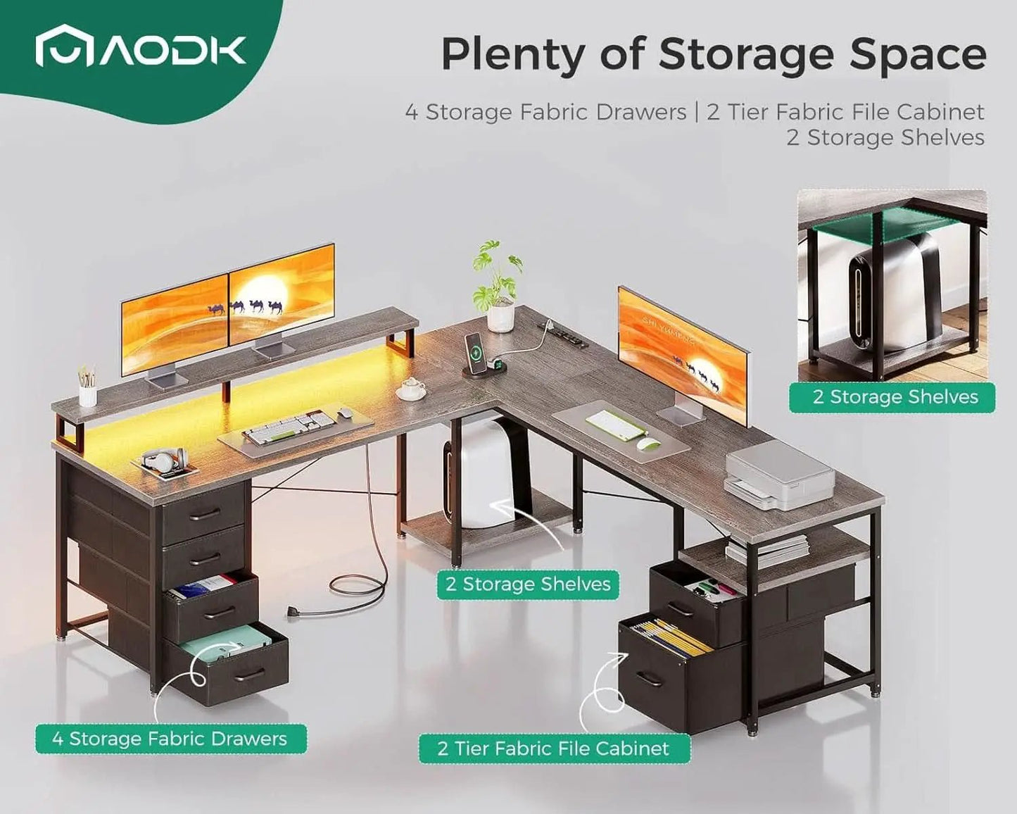 L Shaped Computer Desk with File Cabinet and LED Light from PriceLows™