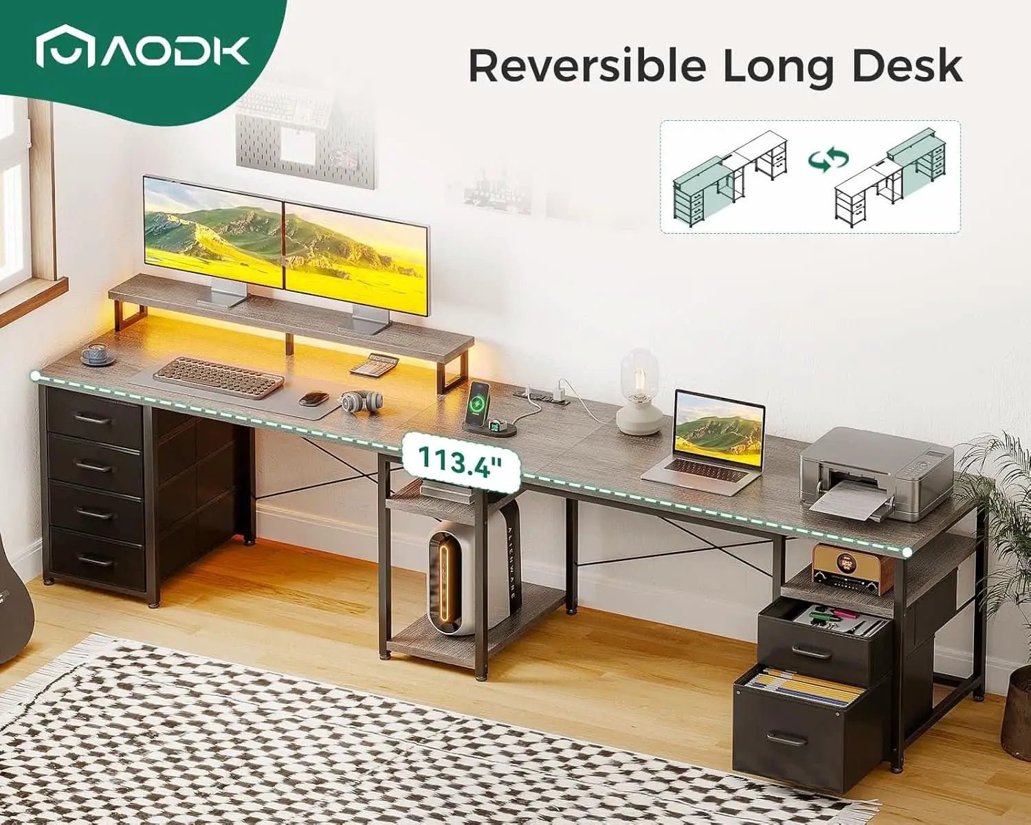 L Shaped Computer Desk with File Cabinet and LED Light from PriceLows™