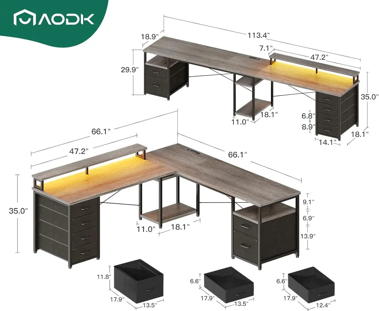 L Shaped Computer Desk with File Cabinet and LED Light from PriceLows™