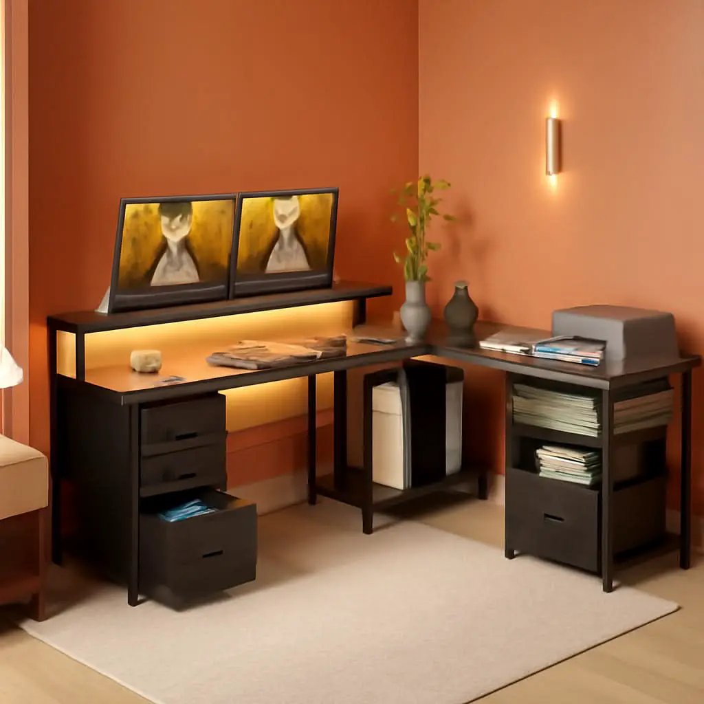 L Shaped Computer Desk with File Cabinet and LED Light from PriceLows™