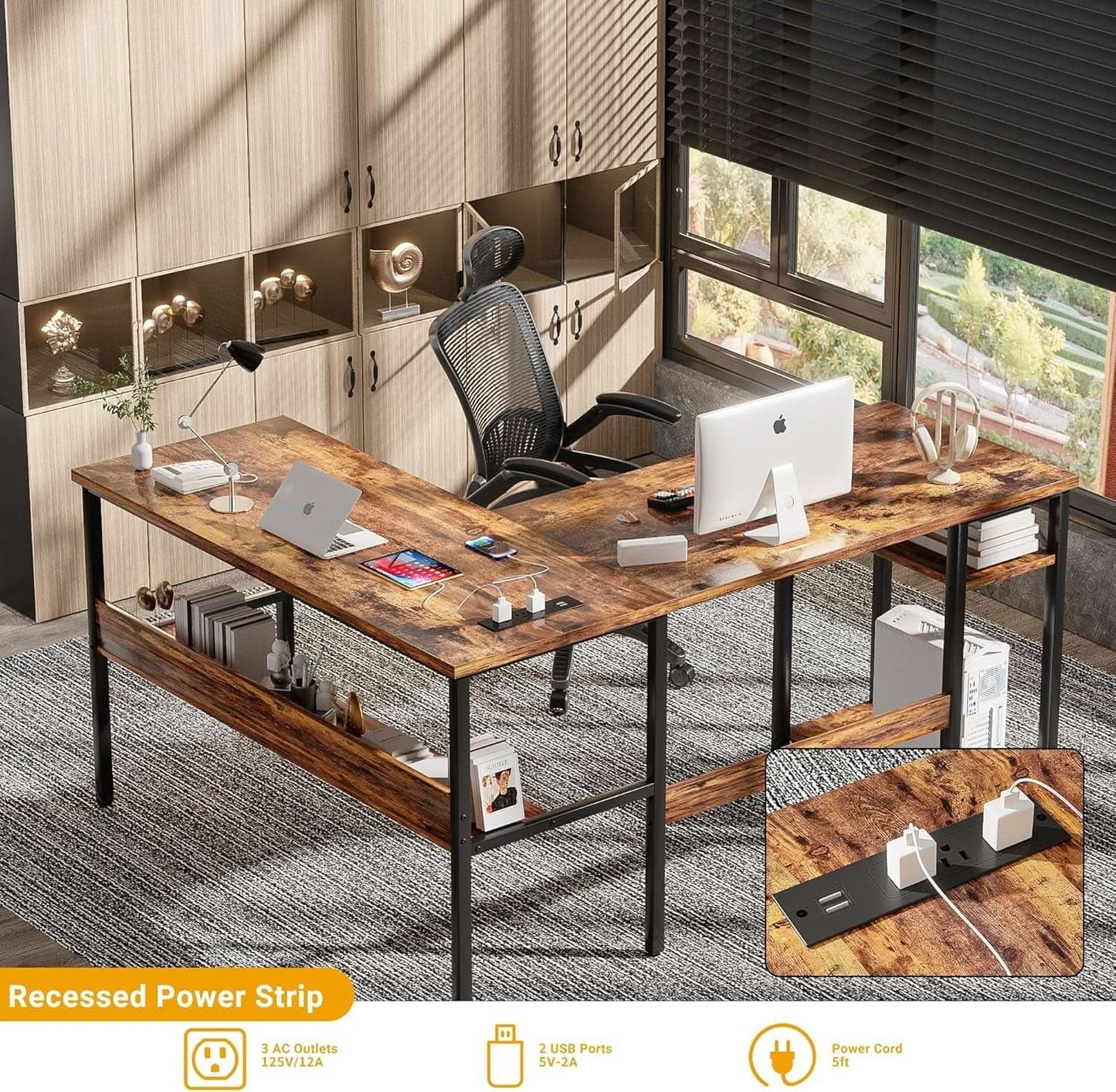 L Shaped Computer Desk With USB Ports And Power Outlets Rustic Brown from PriceLows™