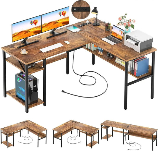 L Shaped Computer Desk With USB Ports And Power Outlets Rustic Brown from PriceLows™