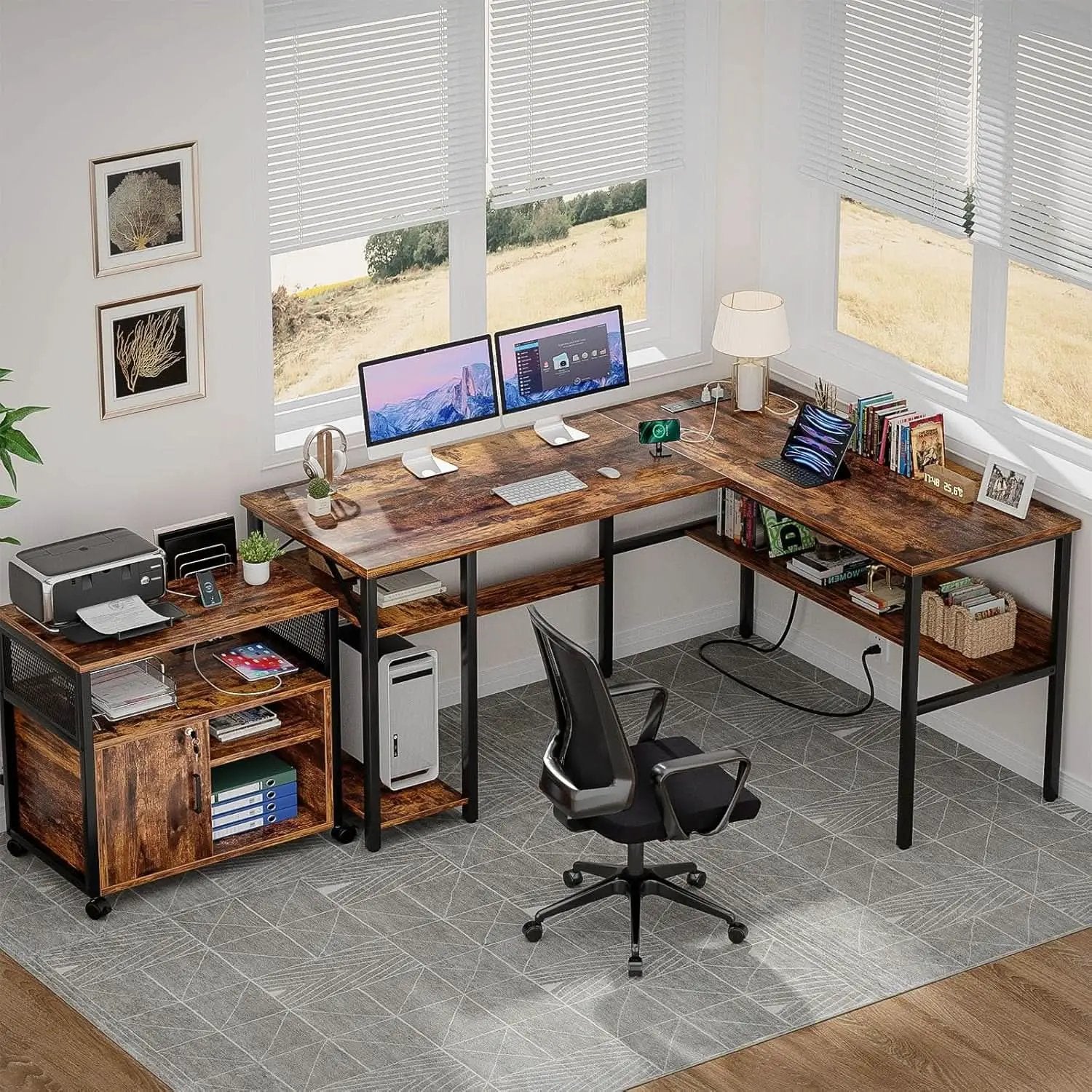 L Shaped Computer Desk With USB Ports And Power Outlets Rustic Brown from PriceLows™