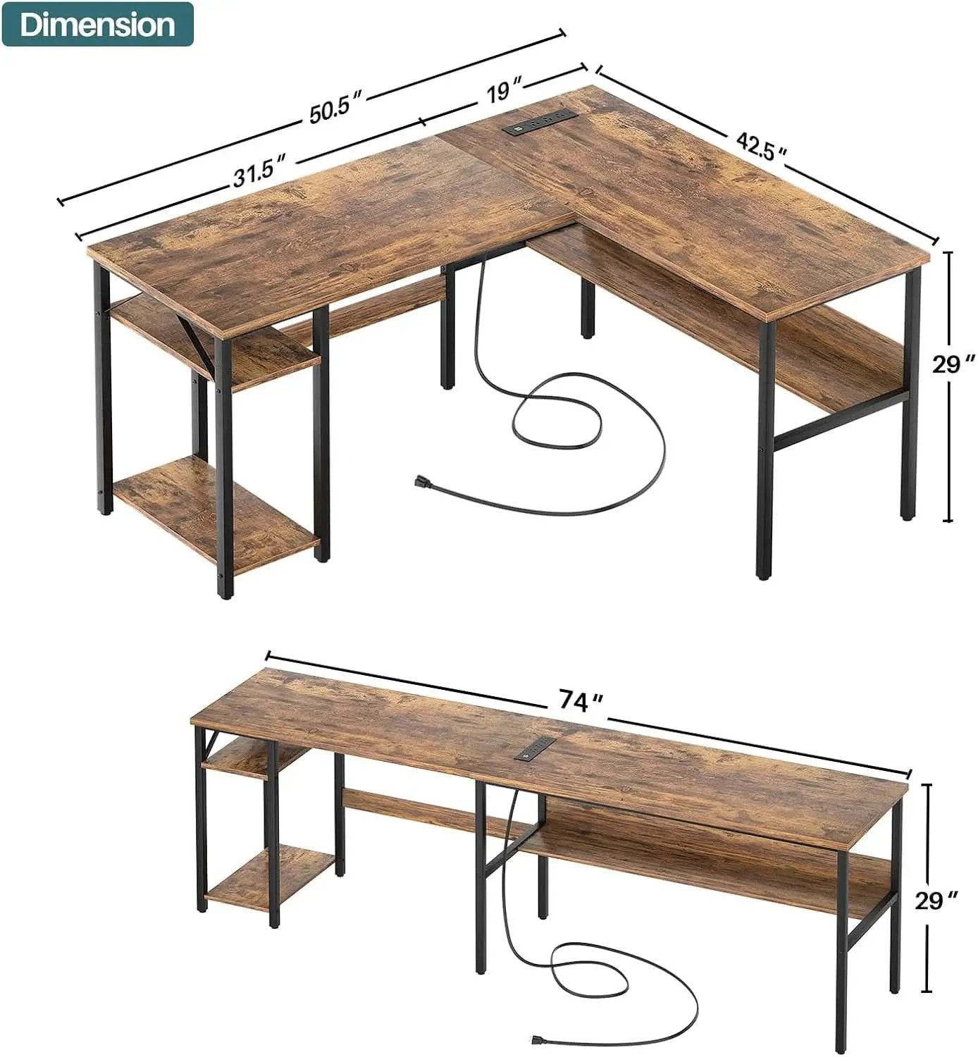 L Shaped Computer Desk With USB Ports And Power Outlets Rustic Brown from PriceLows™