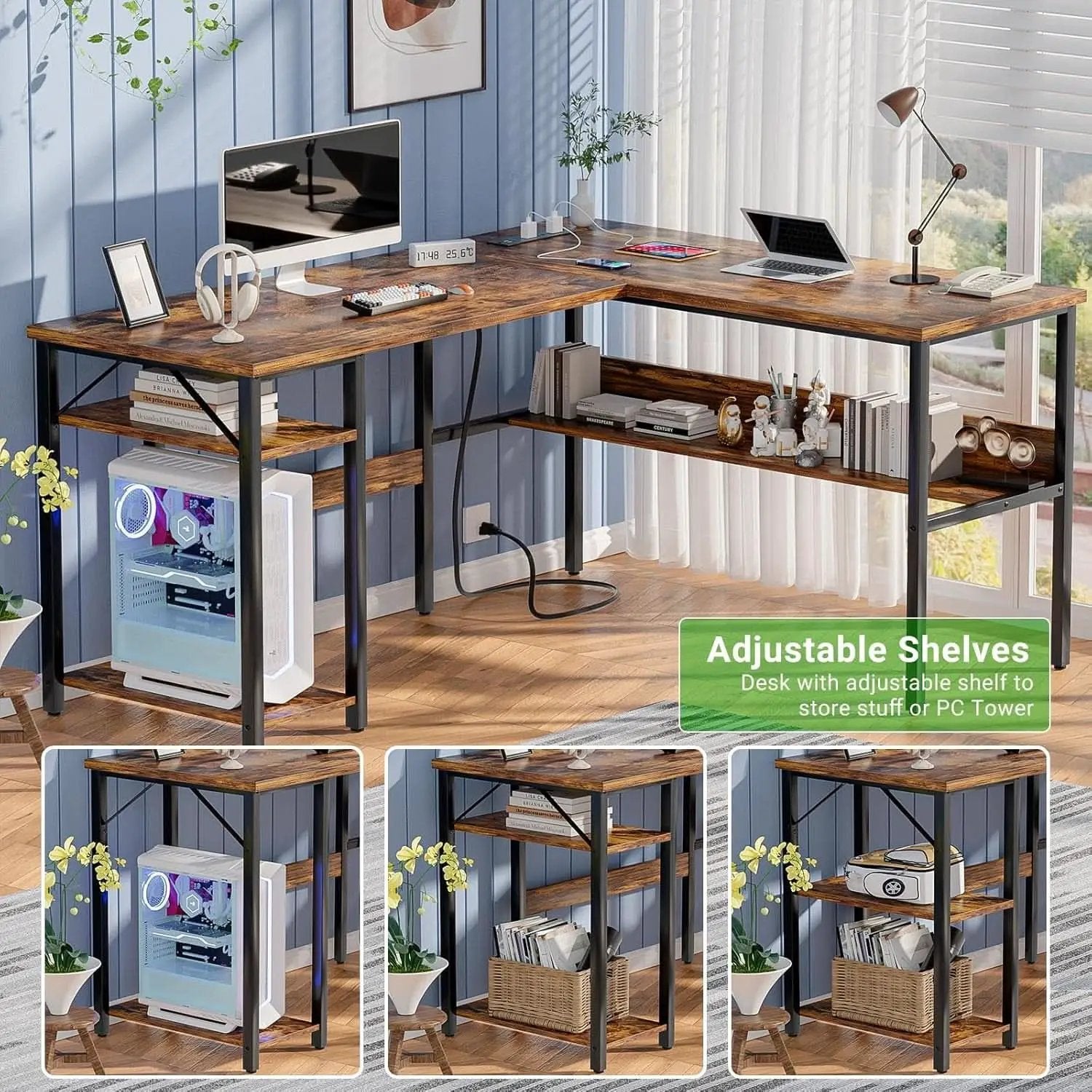 L Shaped Computer Desk With USB Ports And Power Outlets Rustic Brown from PriceLows™