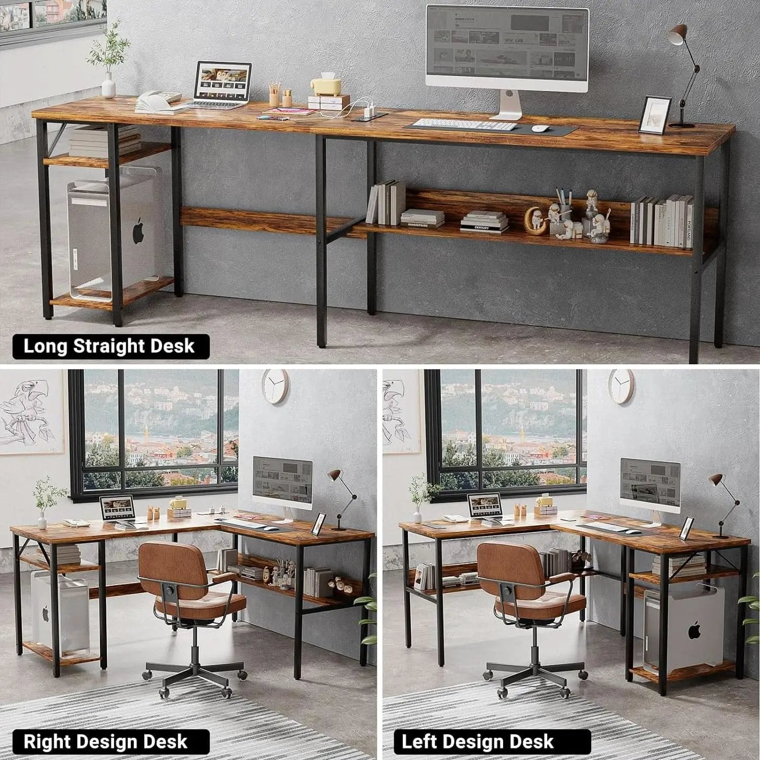 L Shaped Computer Desk With USB Ports And Power Outlets Rustic Brown from PriceLows™