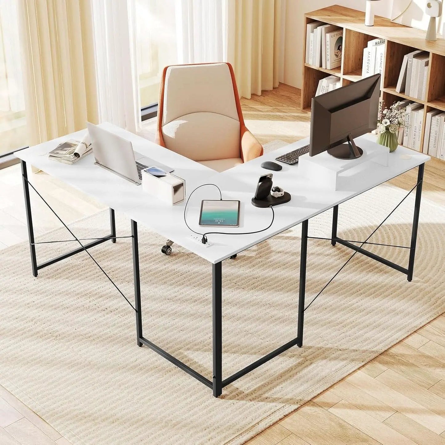 L Shaped Computer Desk With USB Ports And Monitor Shelf 95 Inch Two Person from PriceLows™