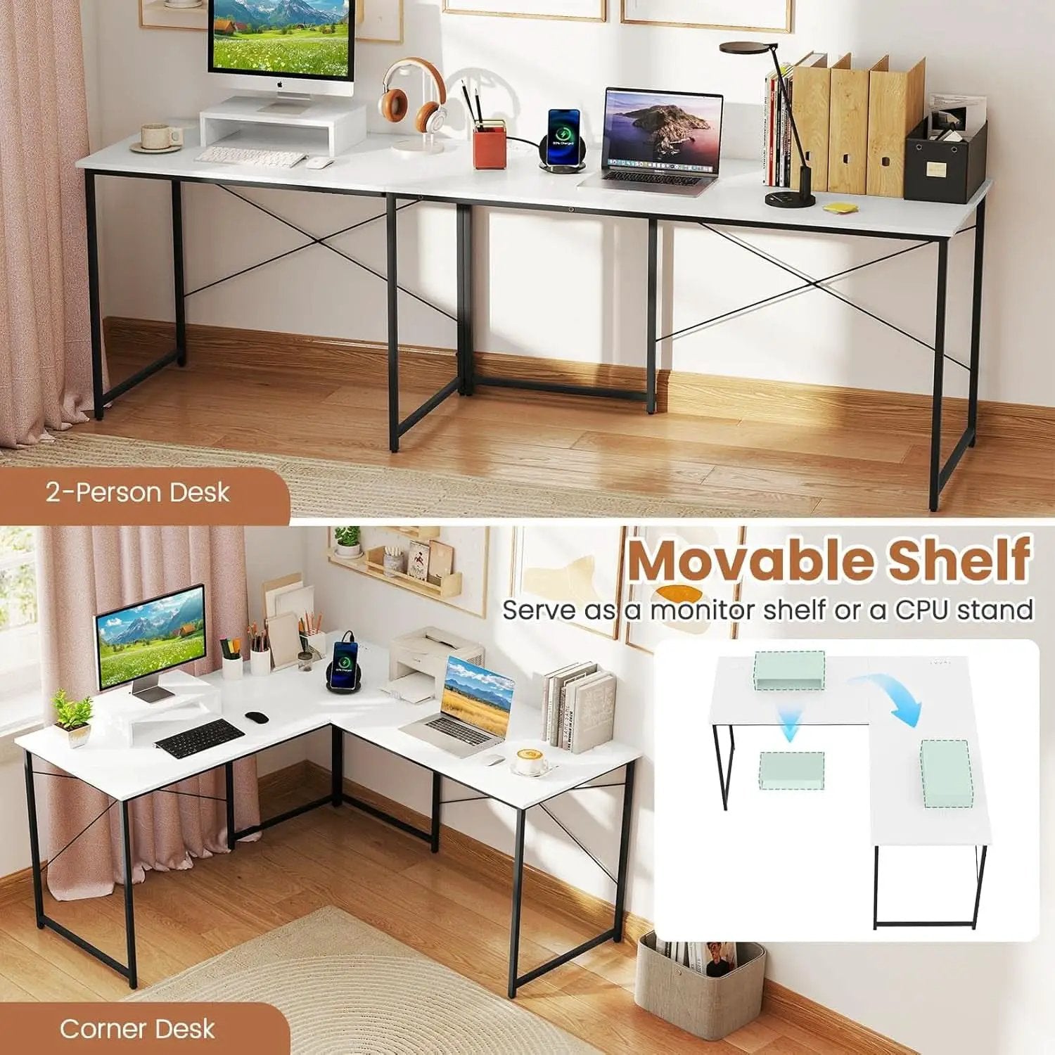 L Shaped Computer Desk With USB Ports And Monitor Shelf 95 Inch Two Person from PriceLows™