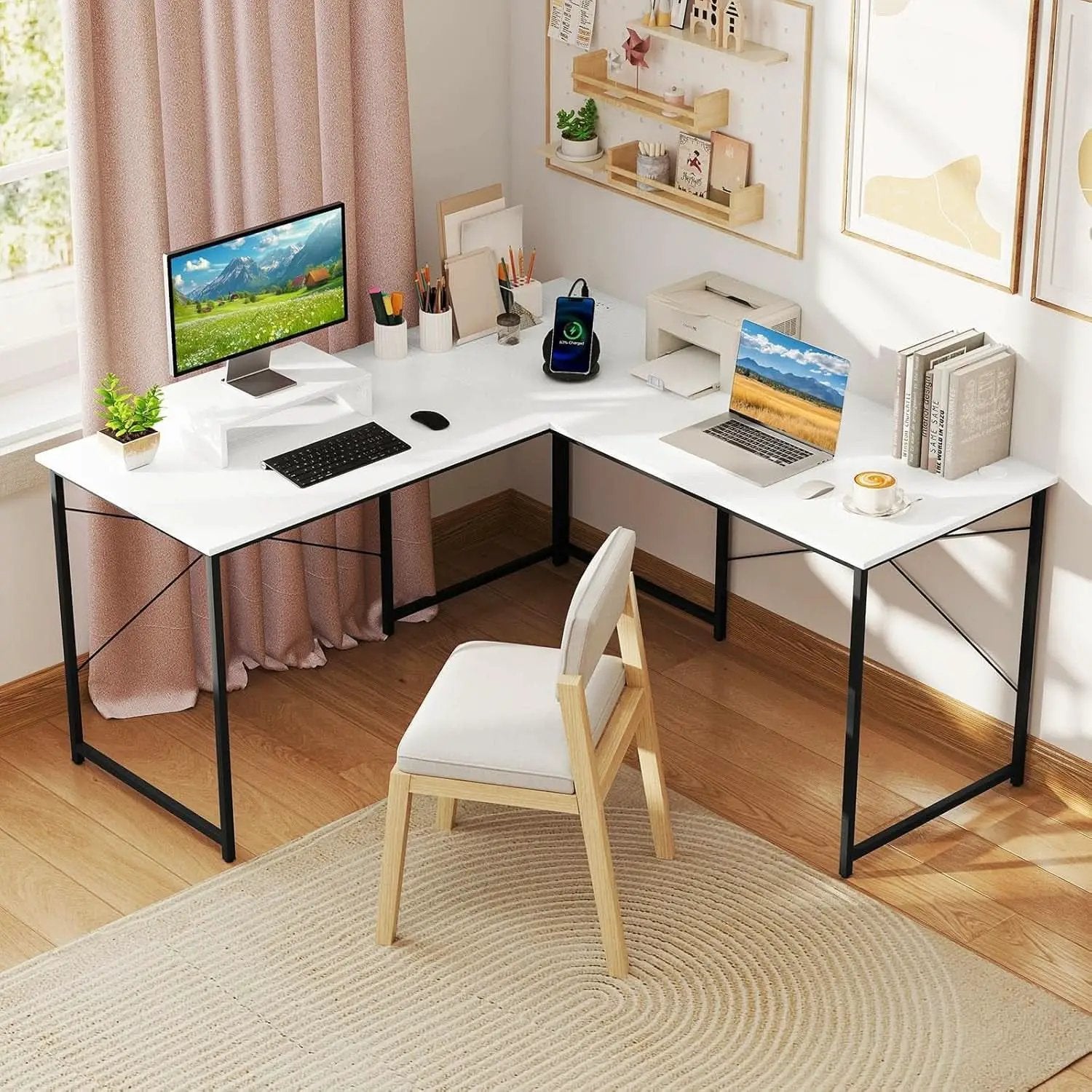 L Shaped Computer Desk With USB Ports And Monitor Shelf 95 Inch Two Person from PriceLows™