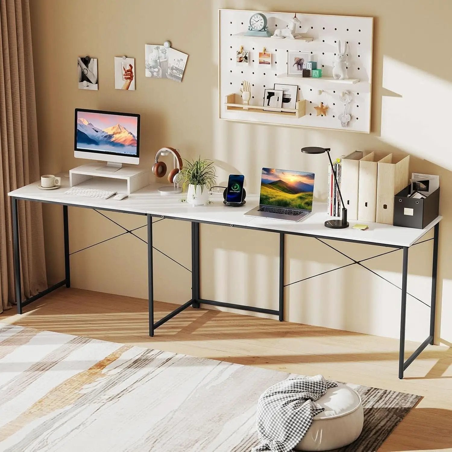 L Shaped Computer Desk With USB Ports And Monitor Shelf 95 Inch Two Person from PriceLows™