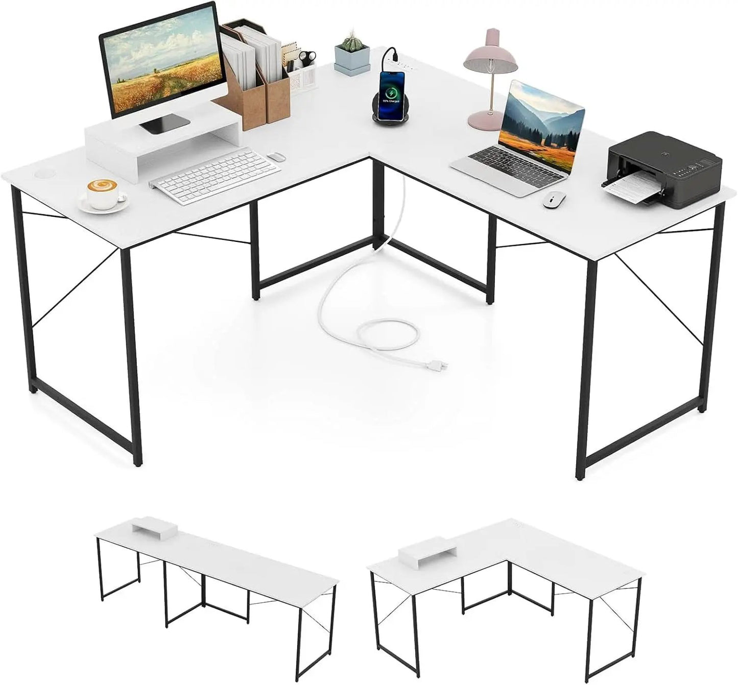 L Shaped Computer Desk With USB Ports And Monitor Shelf 95 Inch Two Person from PriceLows™