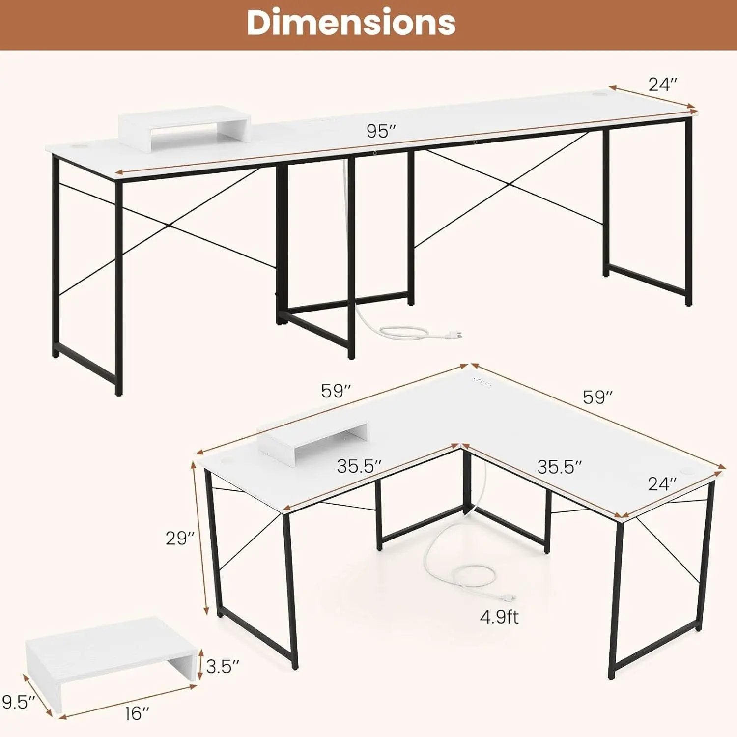 L Shaped Computer Desk With USB Ports And Monitor Shelf 95 Inch Two Person from PriceLows™