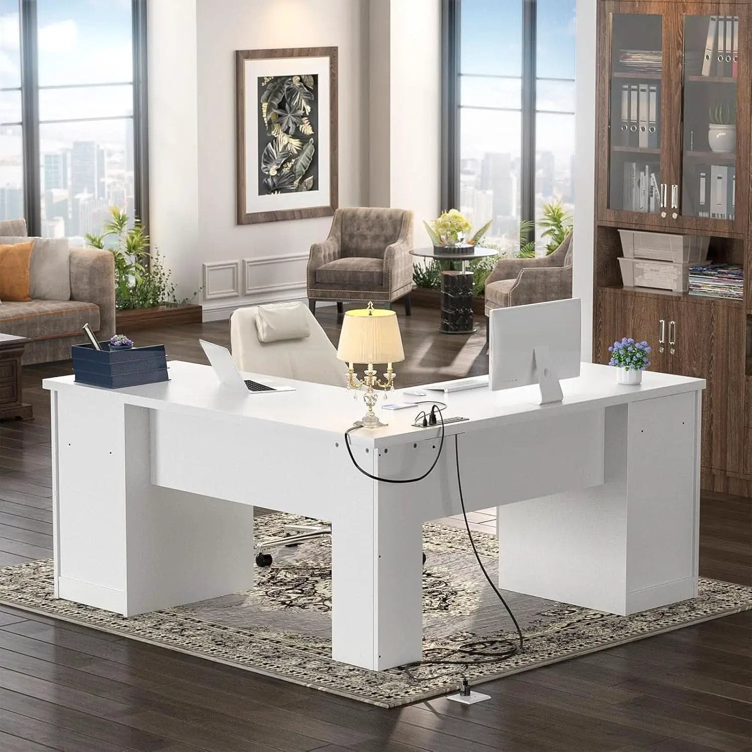 L Shaped Computer Desk with Power Outlets and USB Ports from PriceLows™
