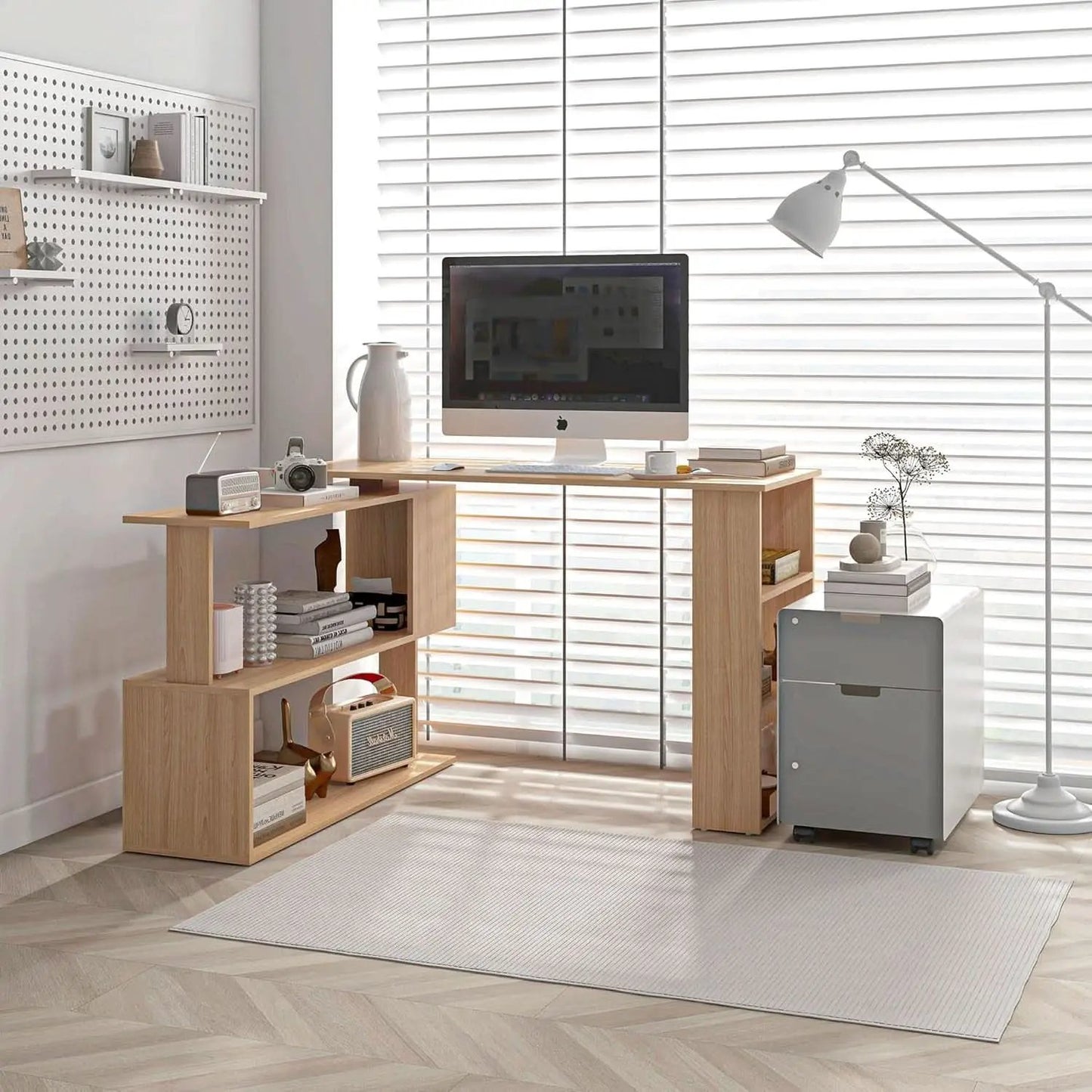 L Shaped Corner Desk With 360 Degree Rotation And Shelves from PriceLows™