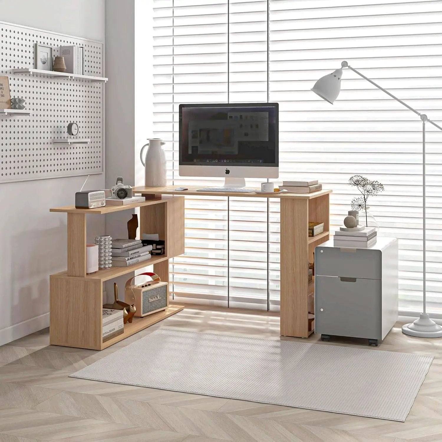 L Shaped Corner Desk With 360 Degree Rotation And Shelves from PriceLows™