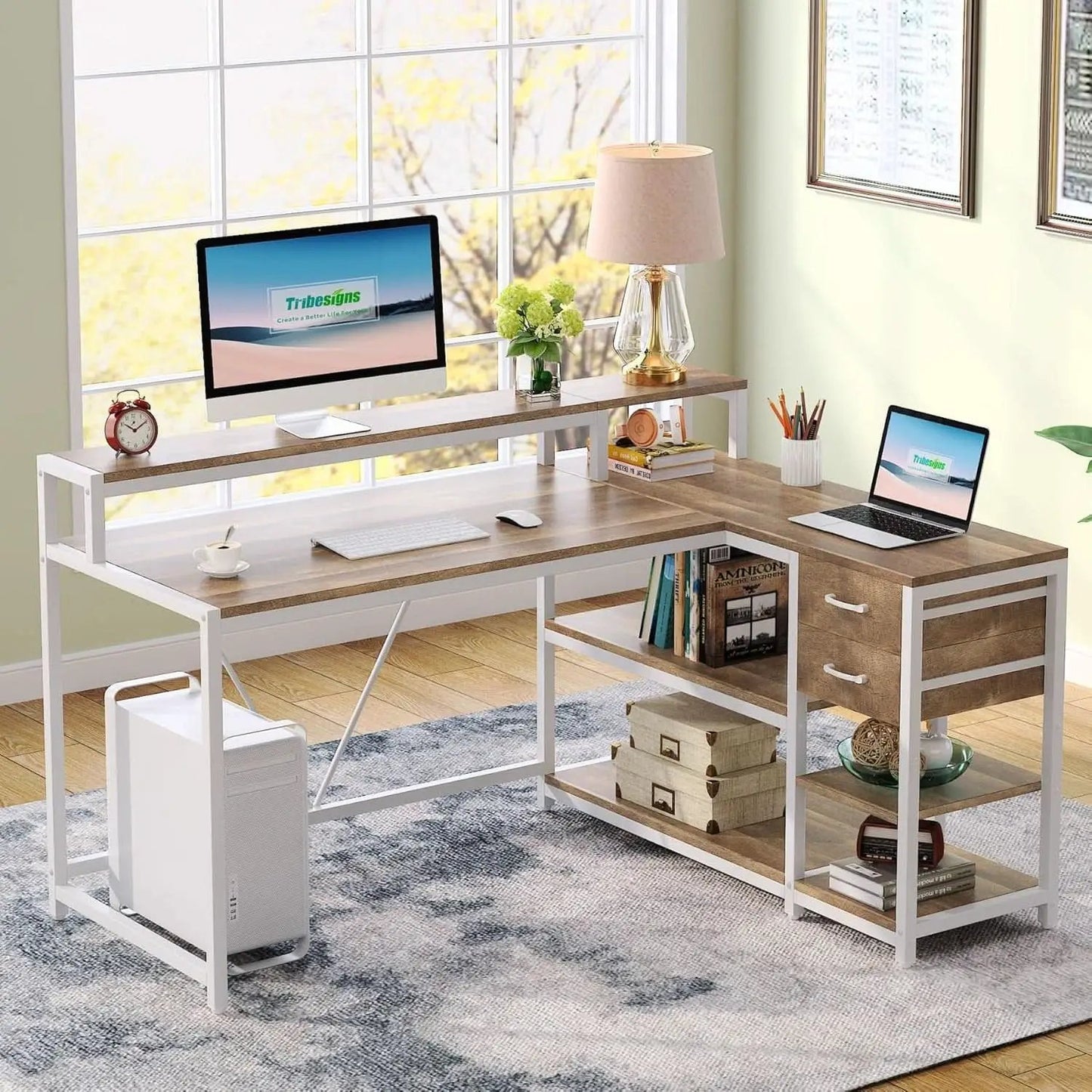 L Shaped Desk With Drawers And Monitor Stand Beige Wood from PriceLows™