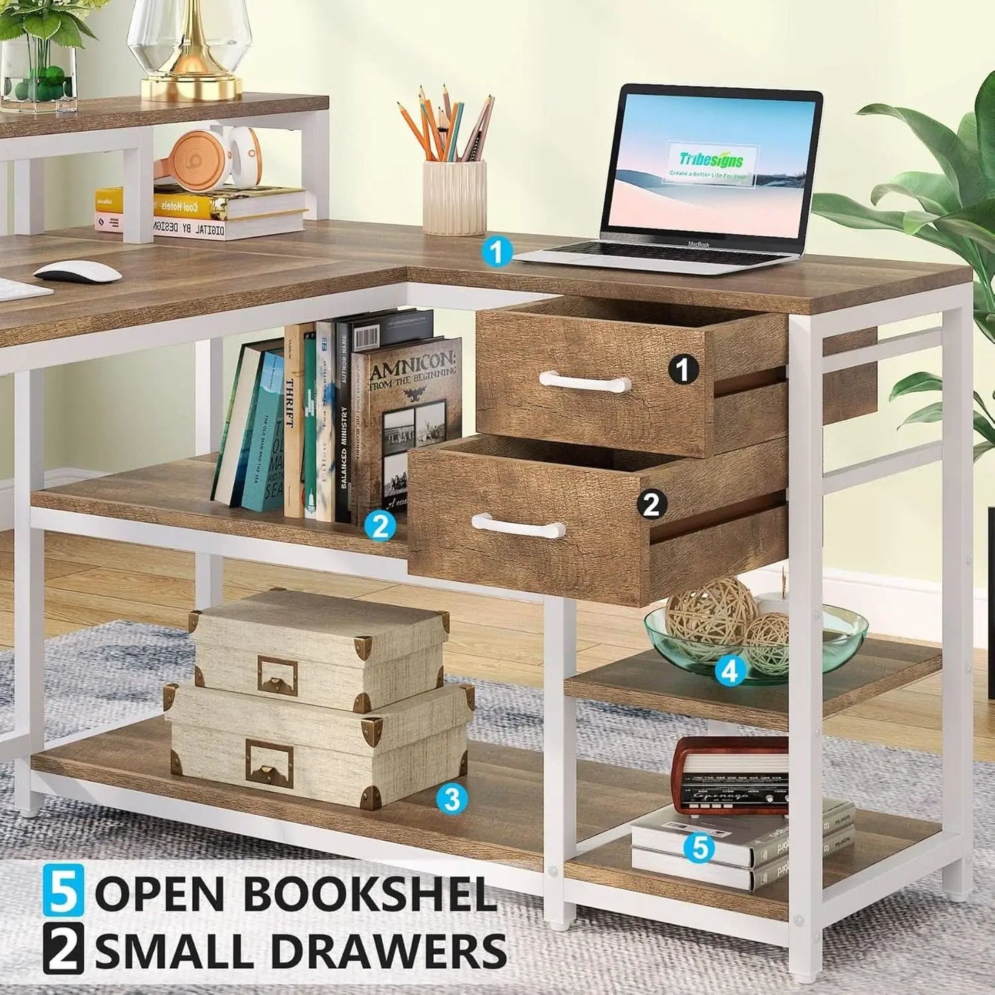 L Shaped Desk With Drawers And Monitor Stand Beige Wood from PriceLows™