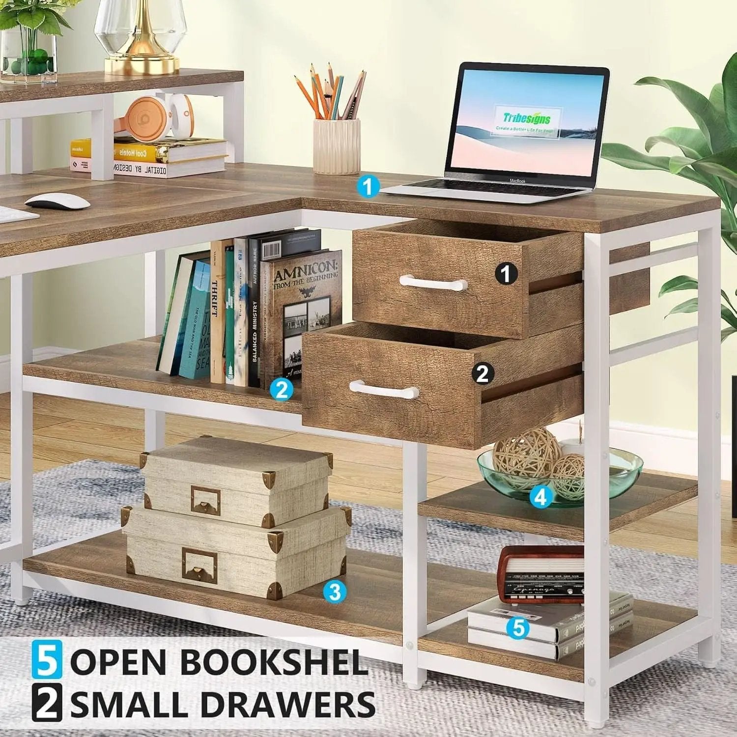 L Shaped Desk With Drawers And Monitor Stand Beige Wood from PriceLows™