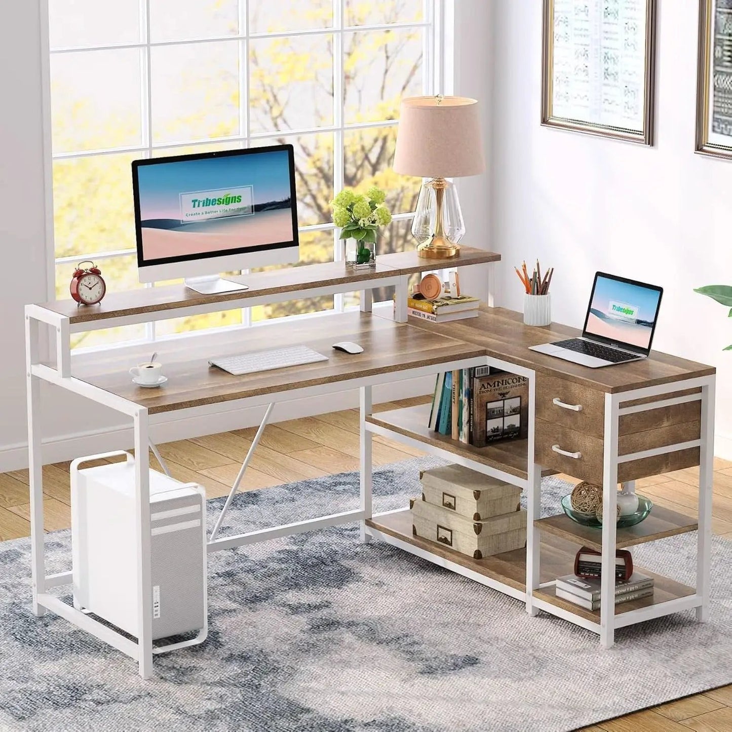 L Shaped Desk With Drawers And Monitor Stand Beige Wood from PriceLows™