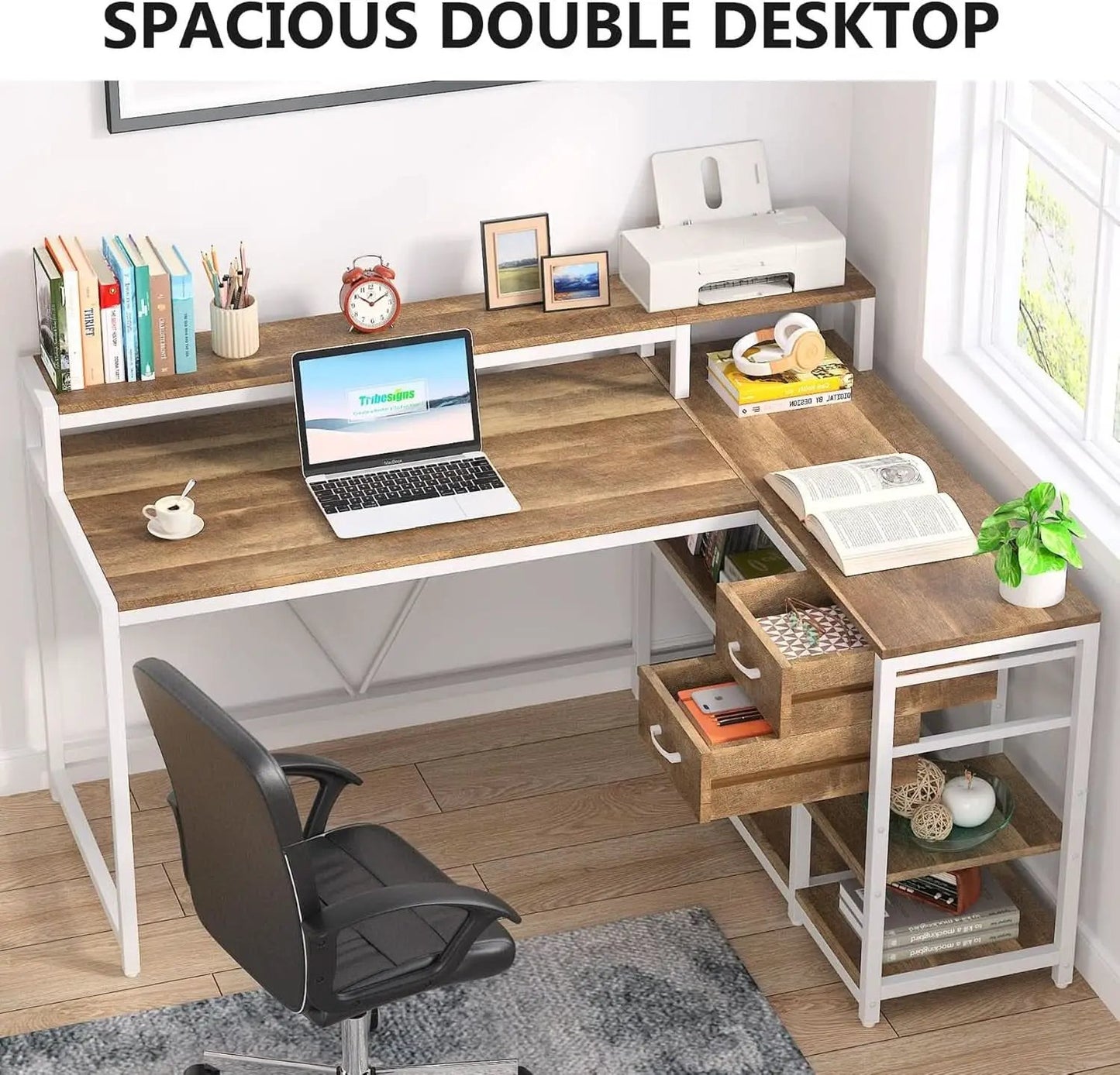L Shaped Desk With Drawers And Monitor Stand Beige Wood from PriceLows™