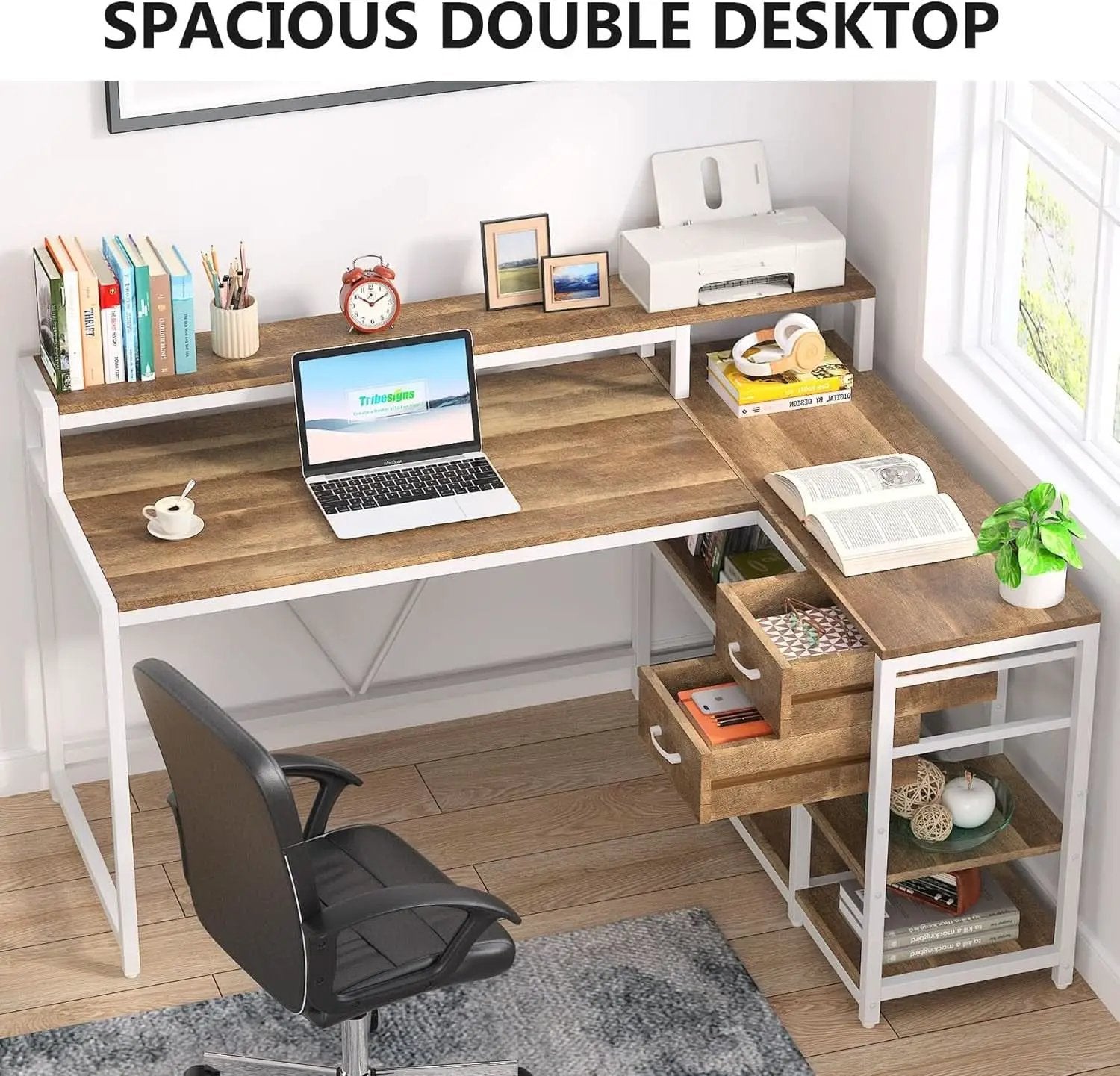 L Shaped Desk With Drawers And Monitor Stand Beige Wood from PriceLows™