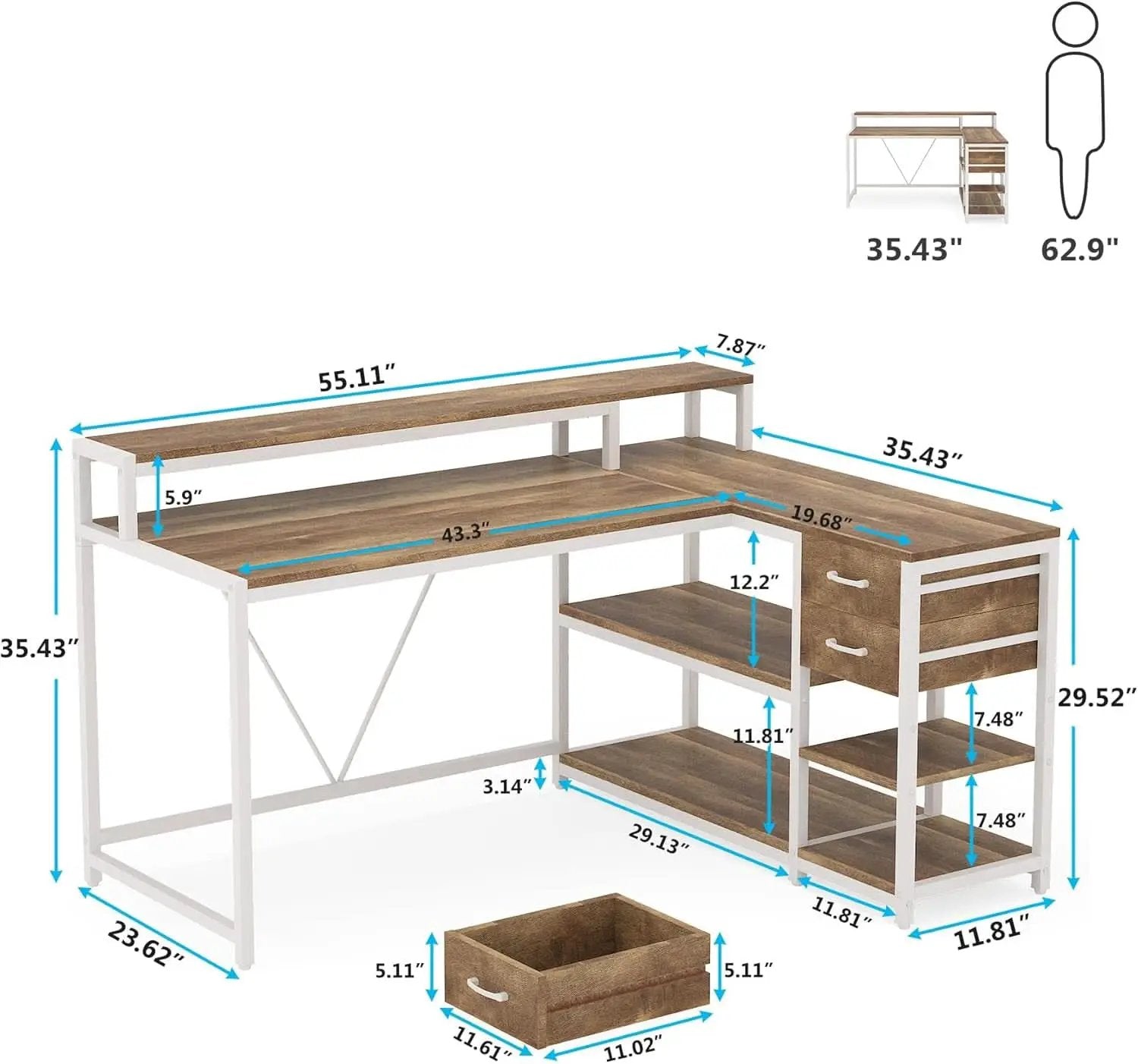 L Shaped Desk With Drawers And Monitor Stand Beige Wood from PriceLows™