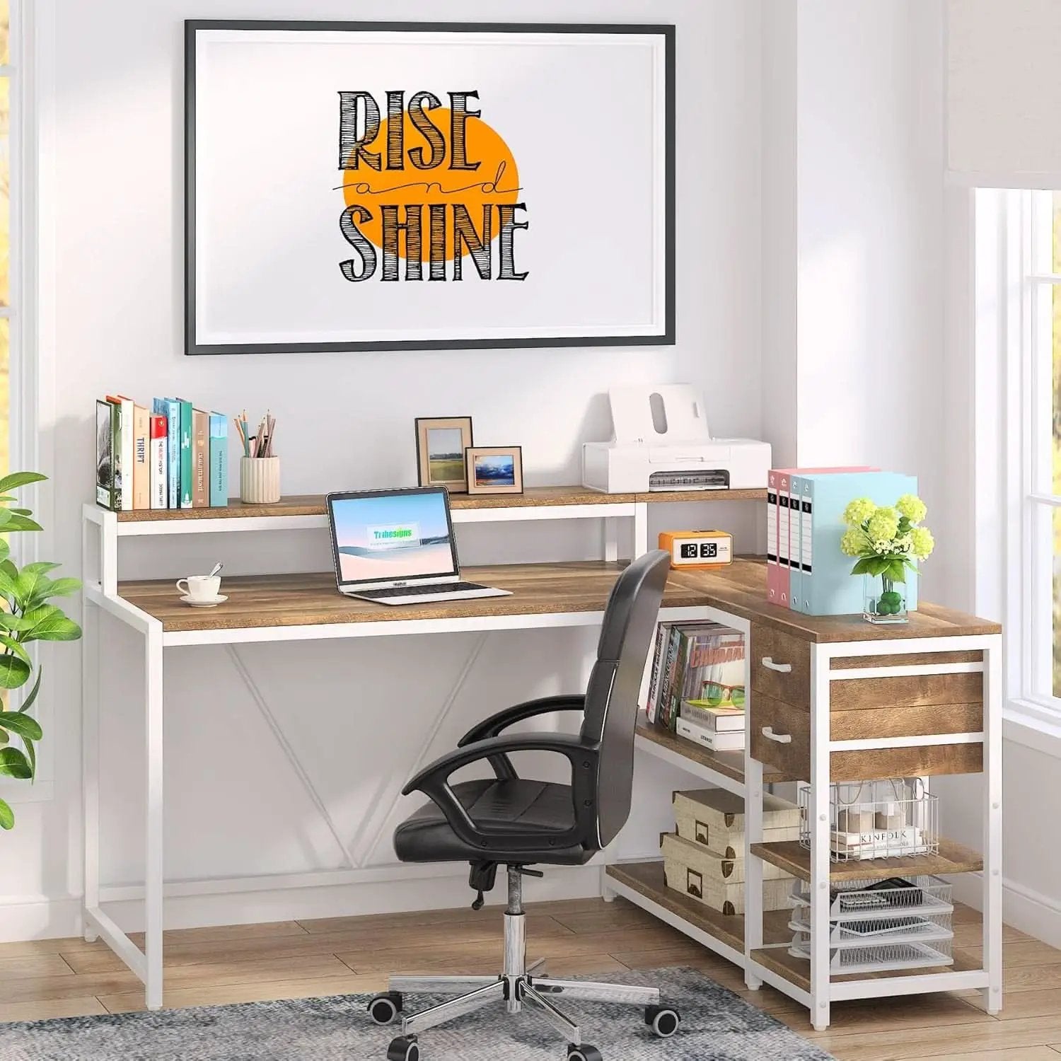 L Shaped Desk With Drawers And Monitor Stand Beige Wood from PriceLows™