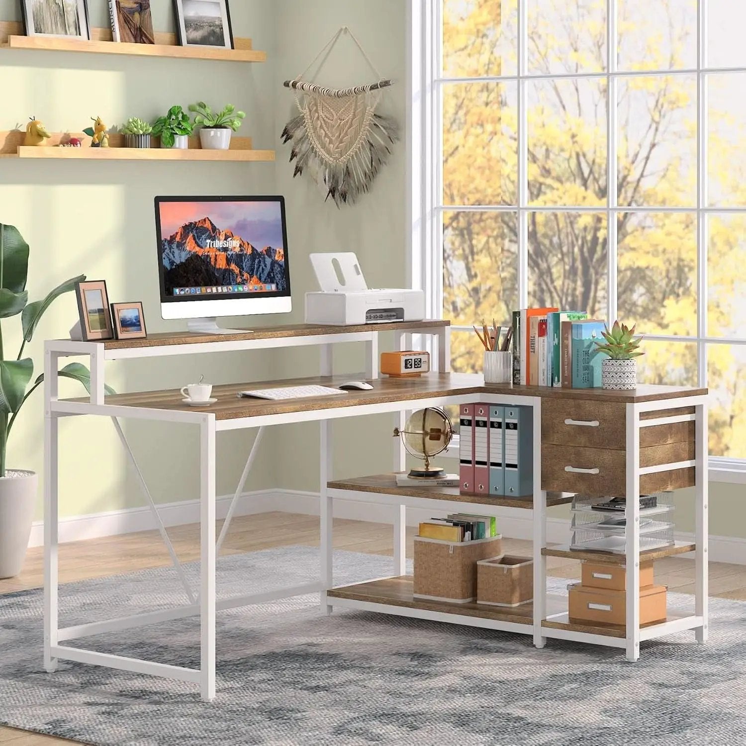 L Shaped Desk With Drawers And Monitor Stand Beige Wood from PriceLows™