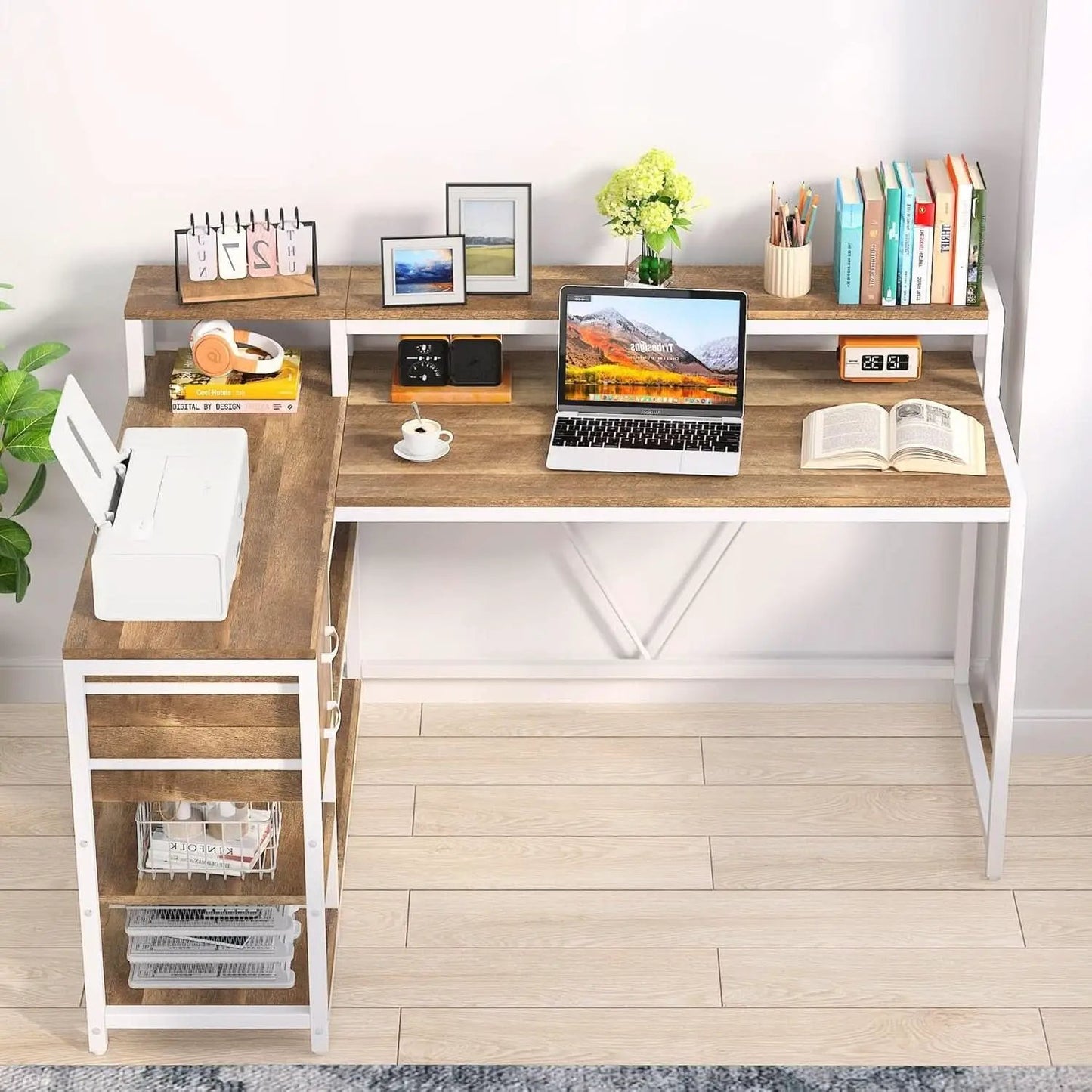 L Shaped Desk With Drawers And Monitor Stand Beige Wood from PriceLows™