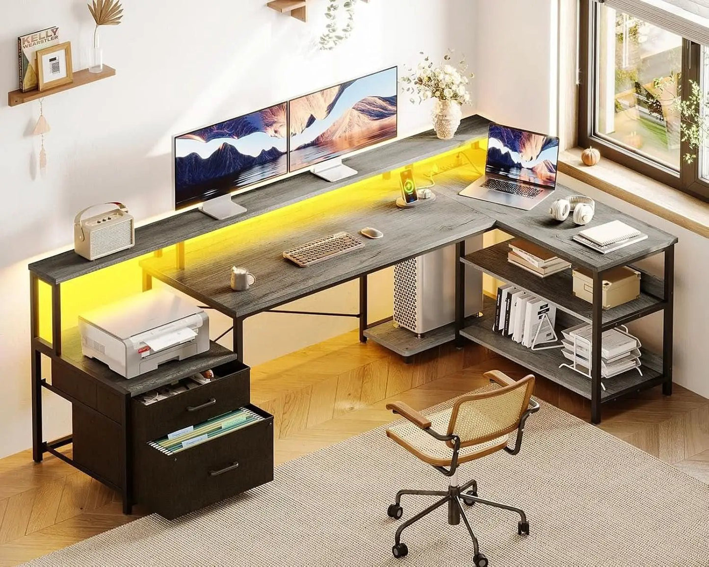 Grey Oak 75 Inch L Shaped Desk With Power Outlet And LED Lighting from PriceLows™