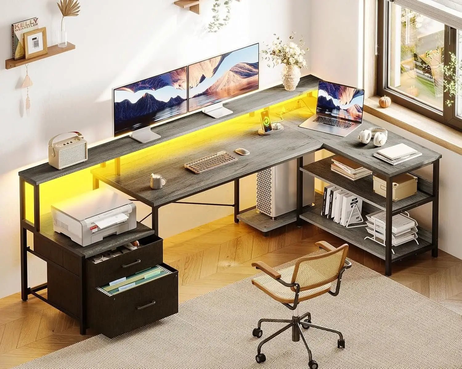 Grey Oak 75 Inch L Shaped Desk With Power Outlet And LED Lighting from PriceLows™
